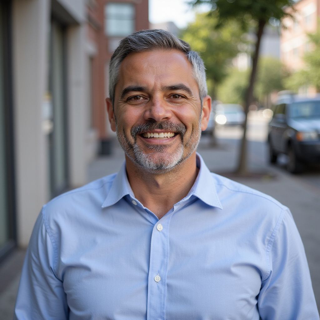 Man in blue shirt smiles, outside on a city street.