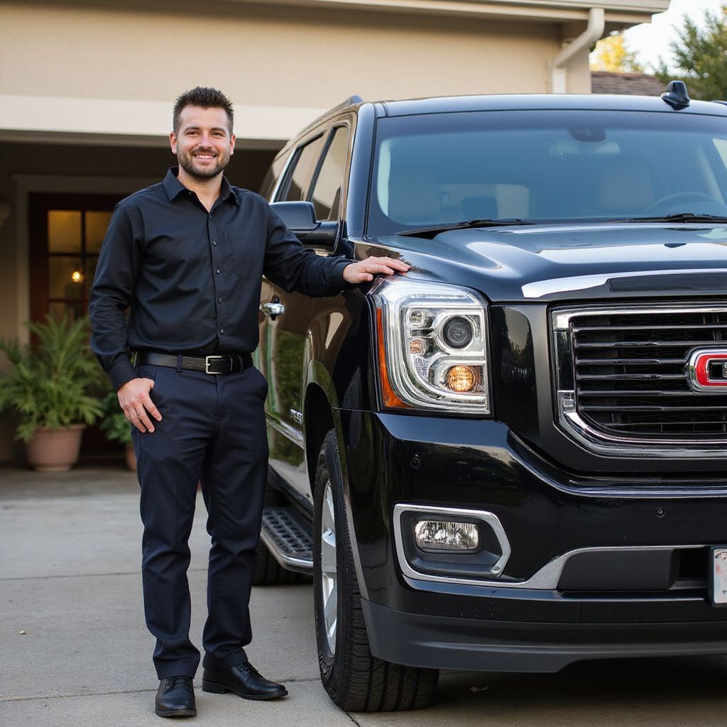Man in black outfit poses next to a black GMC Yukon SUV in front of a house.