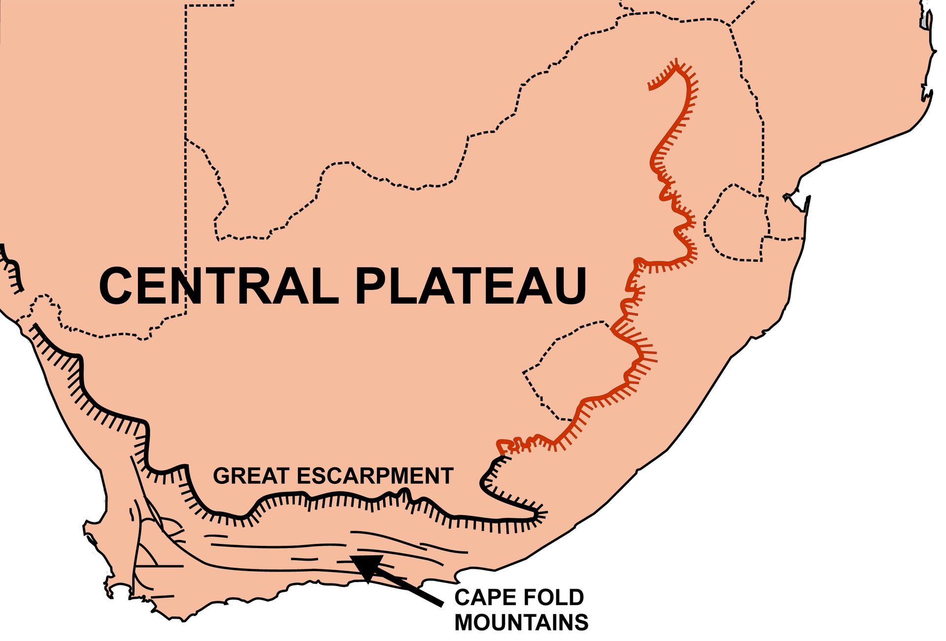 A map of south africa shows the central plateau