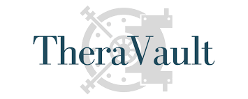 TheraVault LLC Logo. Navy blue text with a bank vault door image in the background