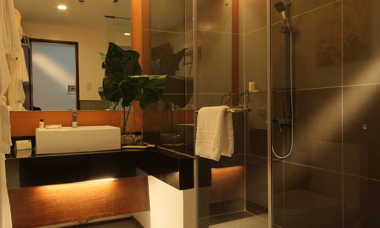 A bathroom with a sink , mirror and shower in Harvest