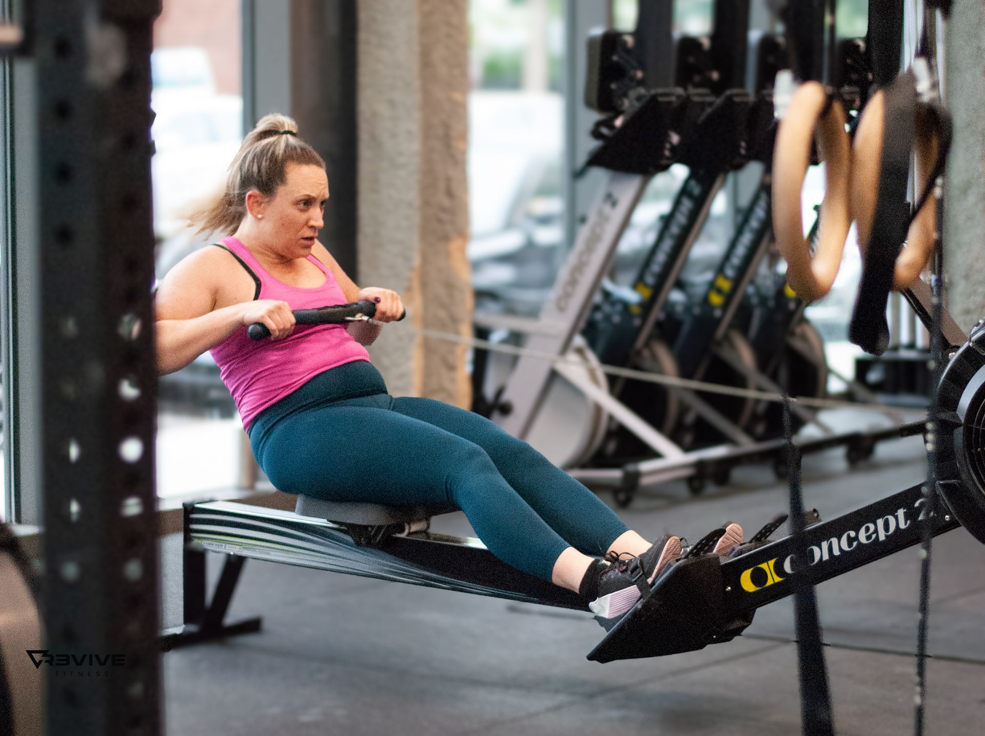 A member working on rowing at a challenging pace.