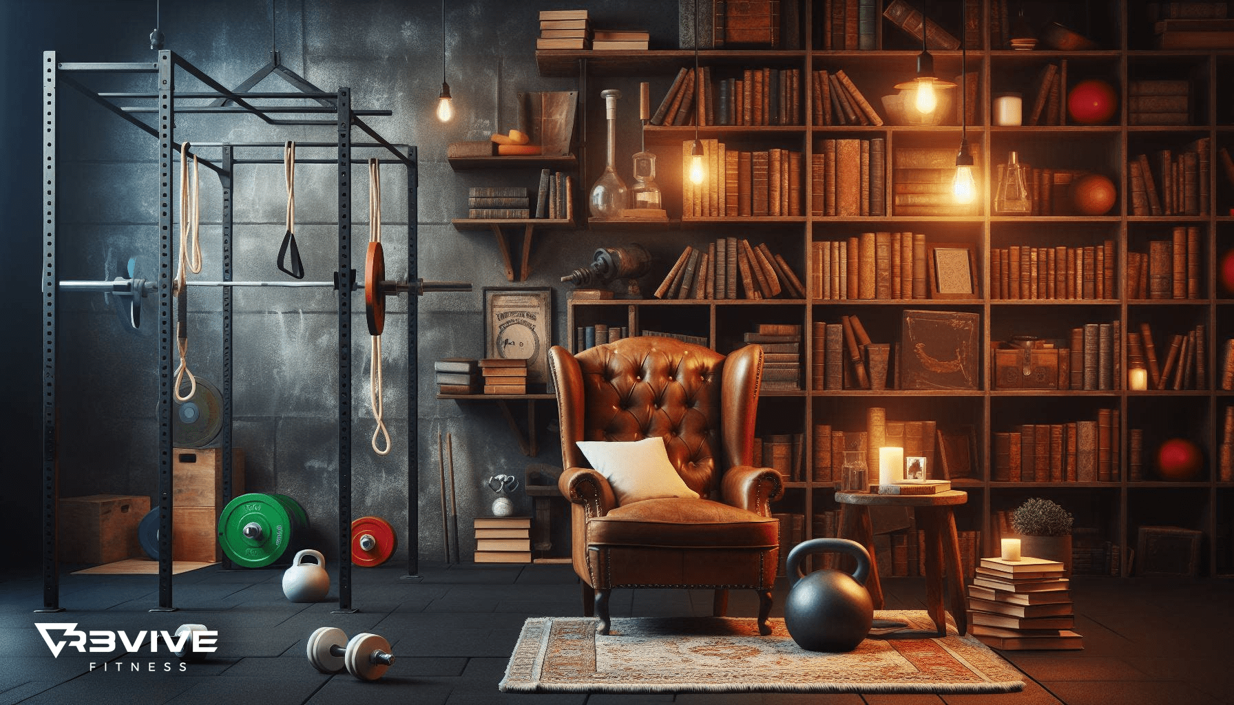 Home gym with weight rack, kettlebell, weights, and armchair against a bookshelf backdrop.