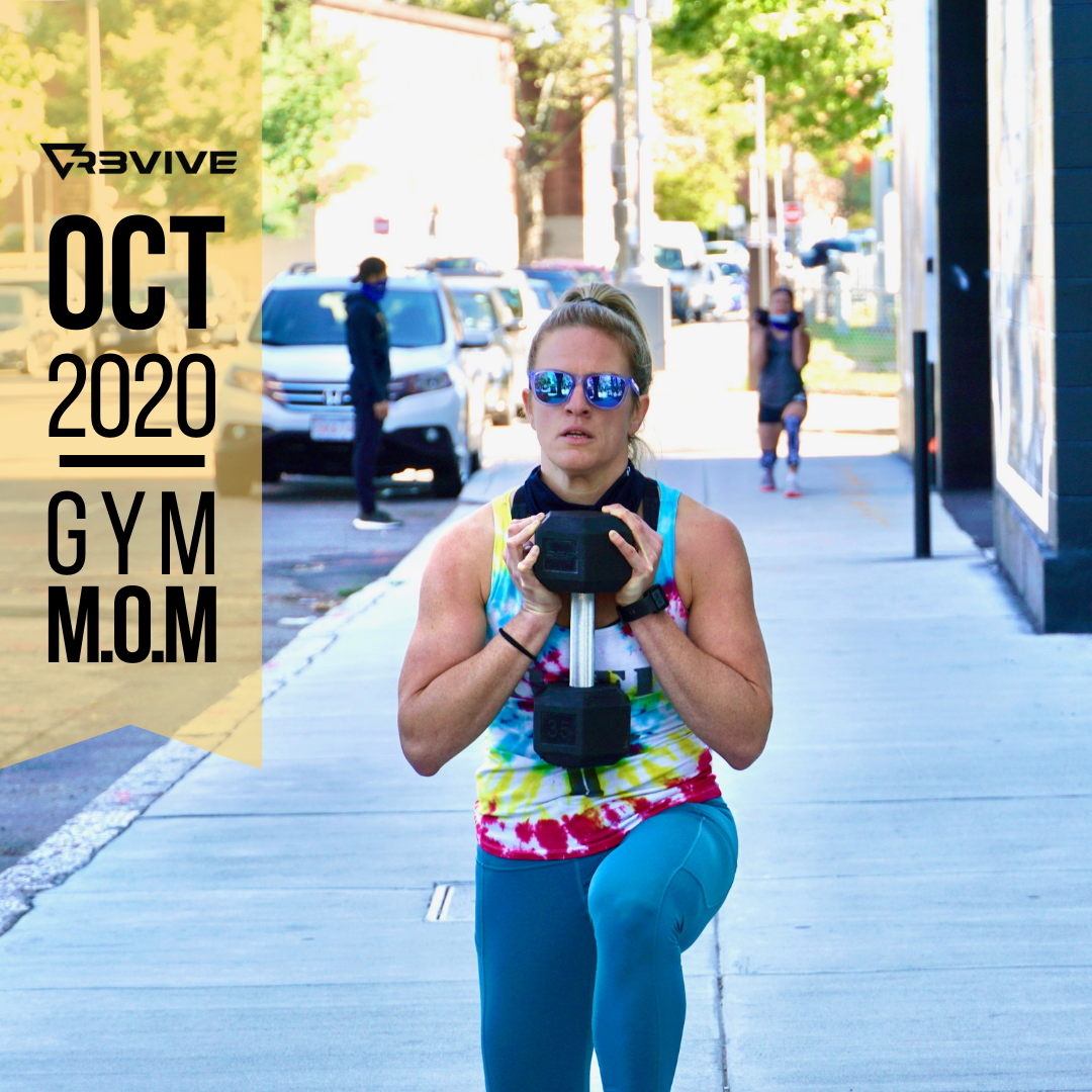 Woman in workout clothes lunging outdoors, holding dumbbell. October 2020 Gym M.O.M. text on left.