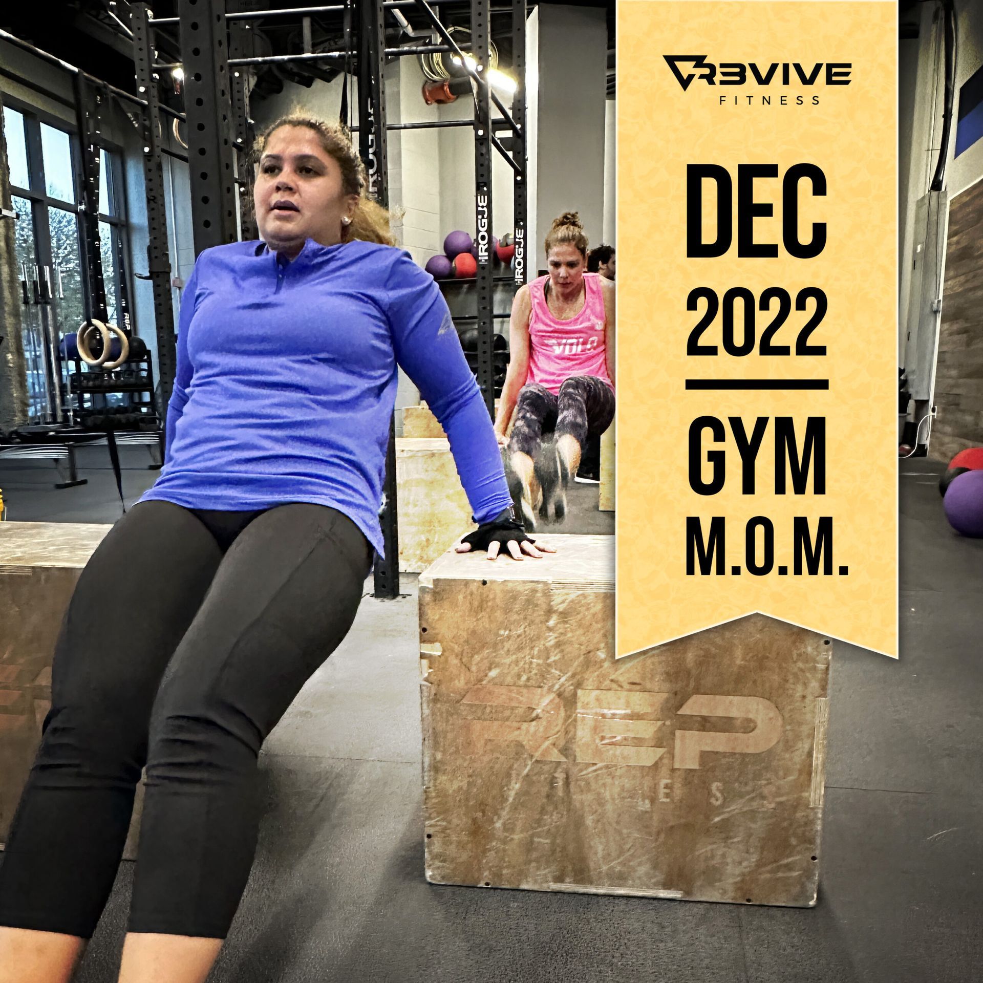 Woman in gym dips on a wooden box. “Dec 2022 Gym M.O.M.” text. Gym interior with another woman in background.