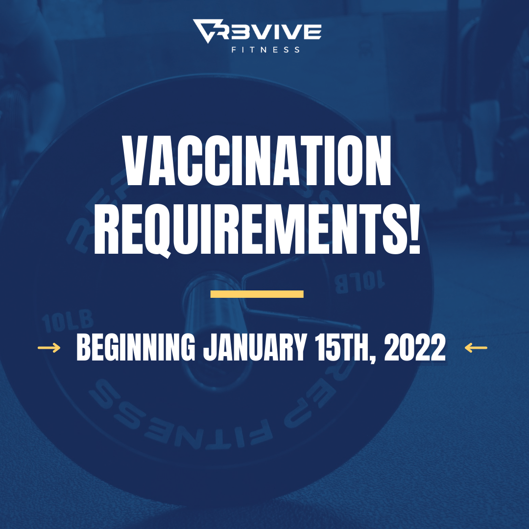Poster for Revive Fitness: Vaccination requirements beginning January 15th, 2022. Weights in background.