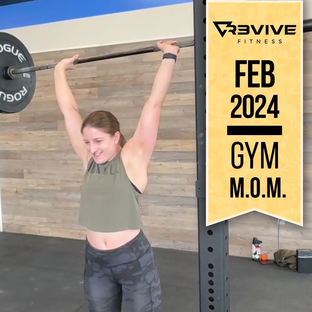 Woman lifting barbell overhead, in a gym. February 2024 Gym M.O.M. promotional graphic.