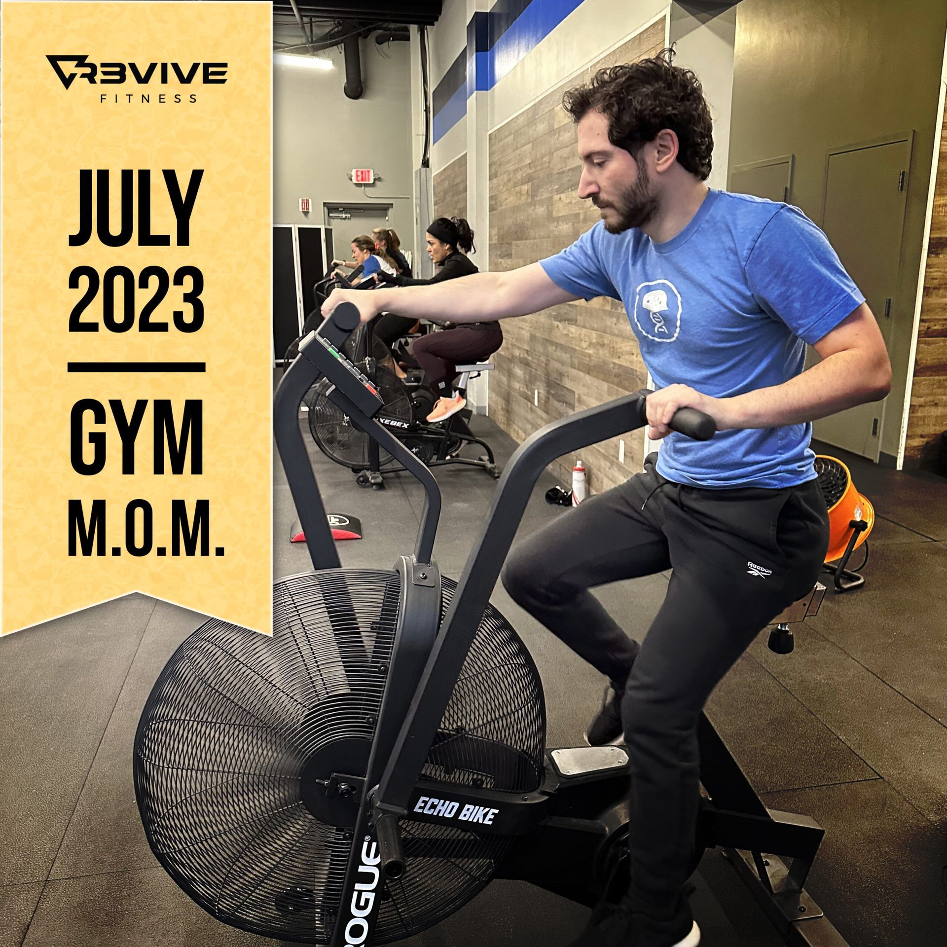 Man on an air bike at Revive Fitness gym. July 2023 graphic with other gym members.