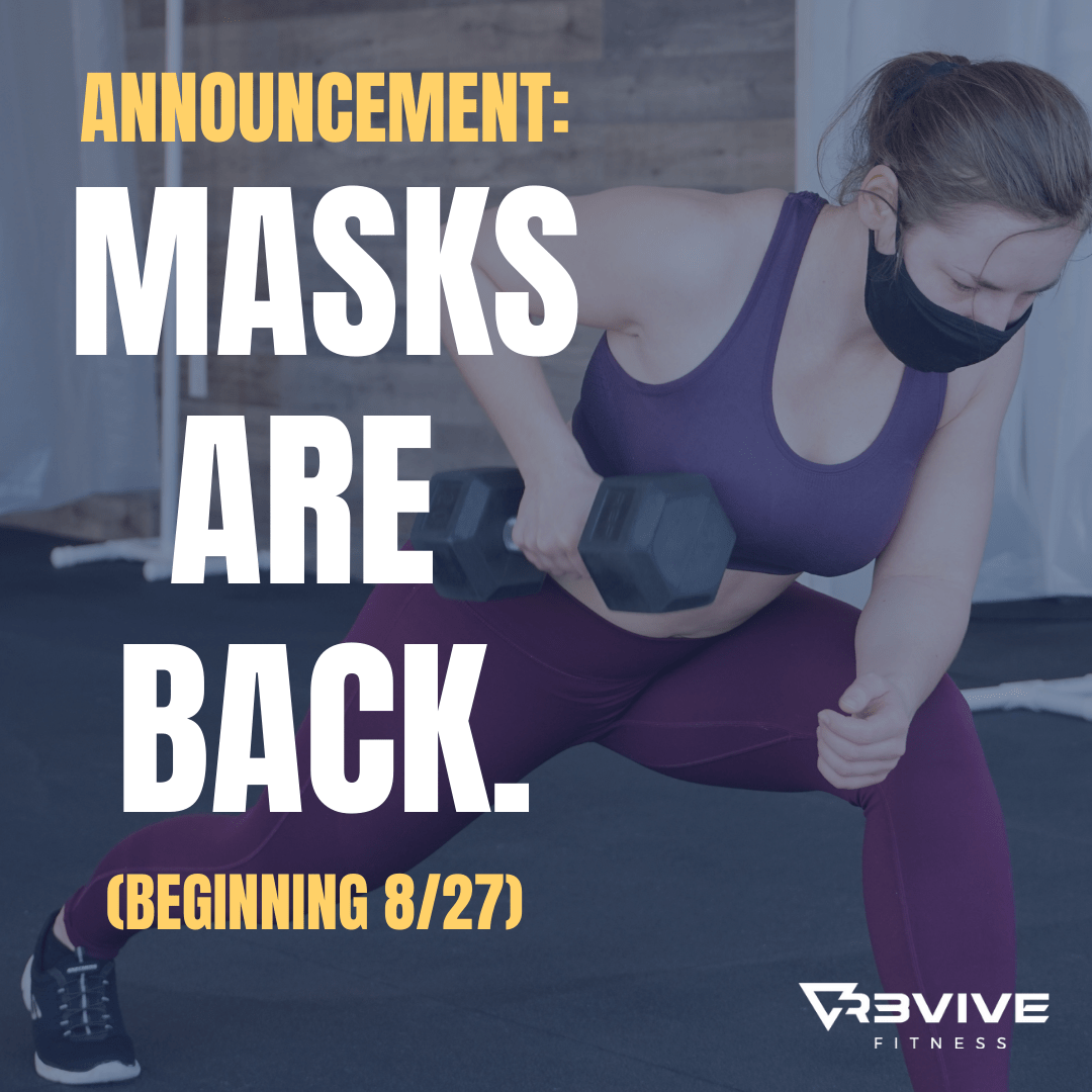 Woman working out with a dumbbell while wearing a mask, gym setting. Text: Masks Are Back.