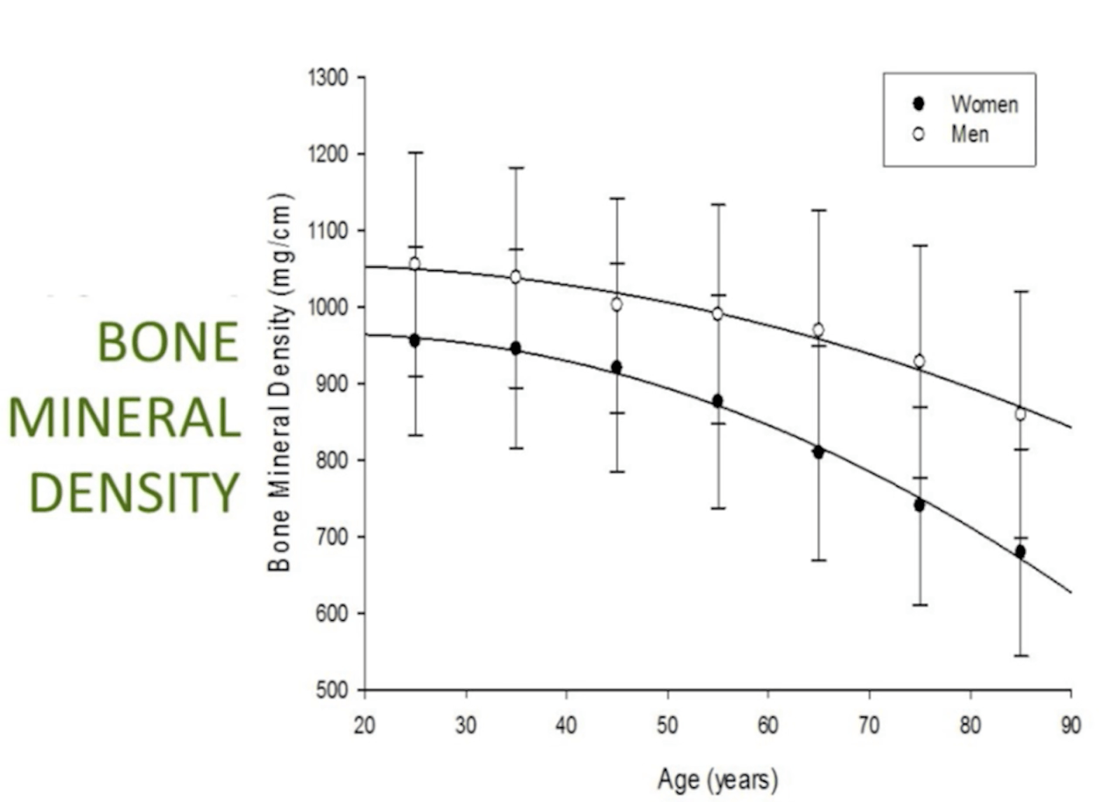 Line graph showing bone mineral density decline with age, comparing men and women.