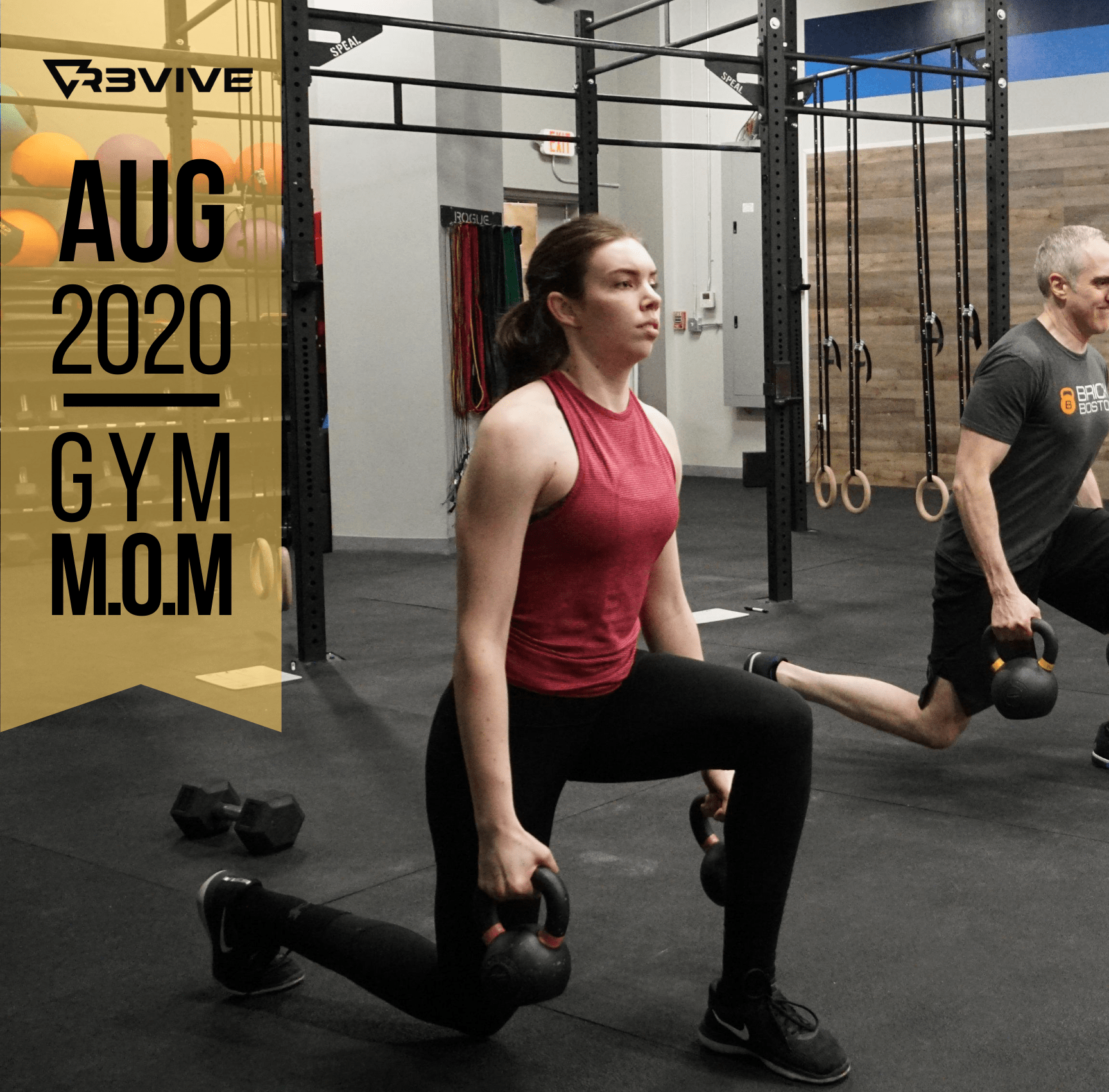 Woman in a gym doing lunges with kettlebells. Gym setting, August 2020. Other person in background.