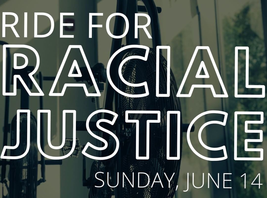 Ride for Racial Justice event graphic, bicycle, white text on a dark background. Sunday, June 14.