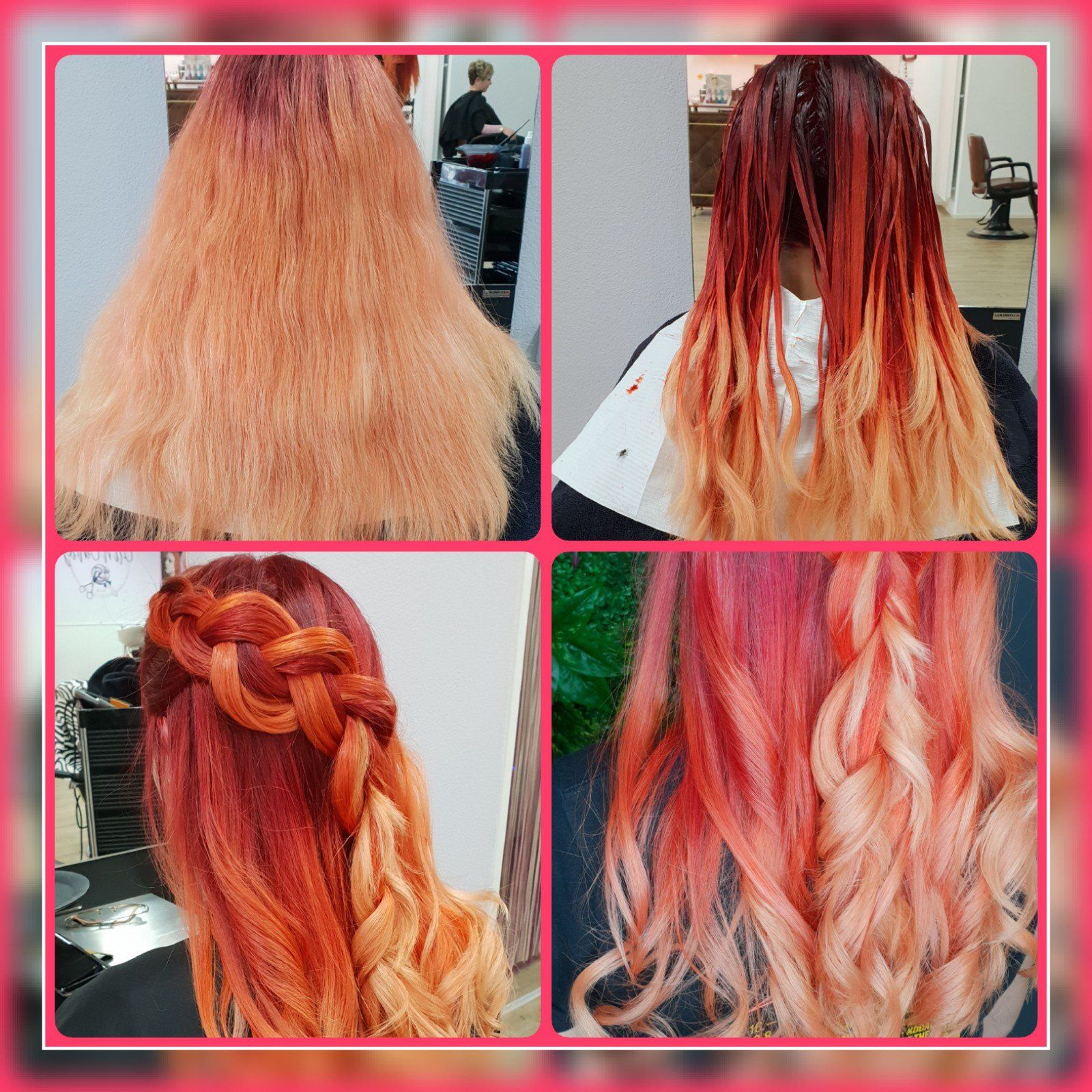 Eine Collage aus Fotos, die eine Frau beim Haarefärben zeigen