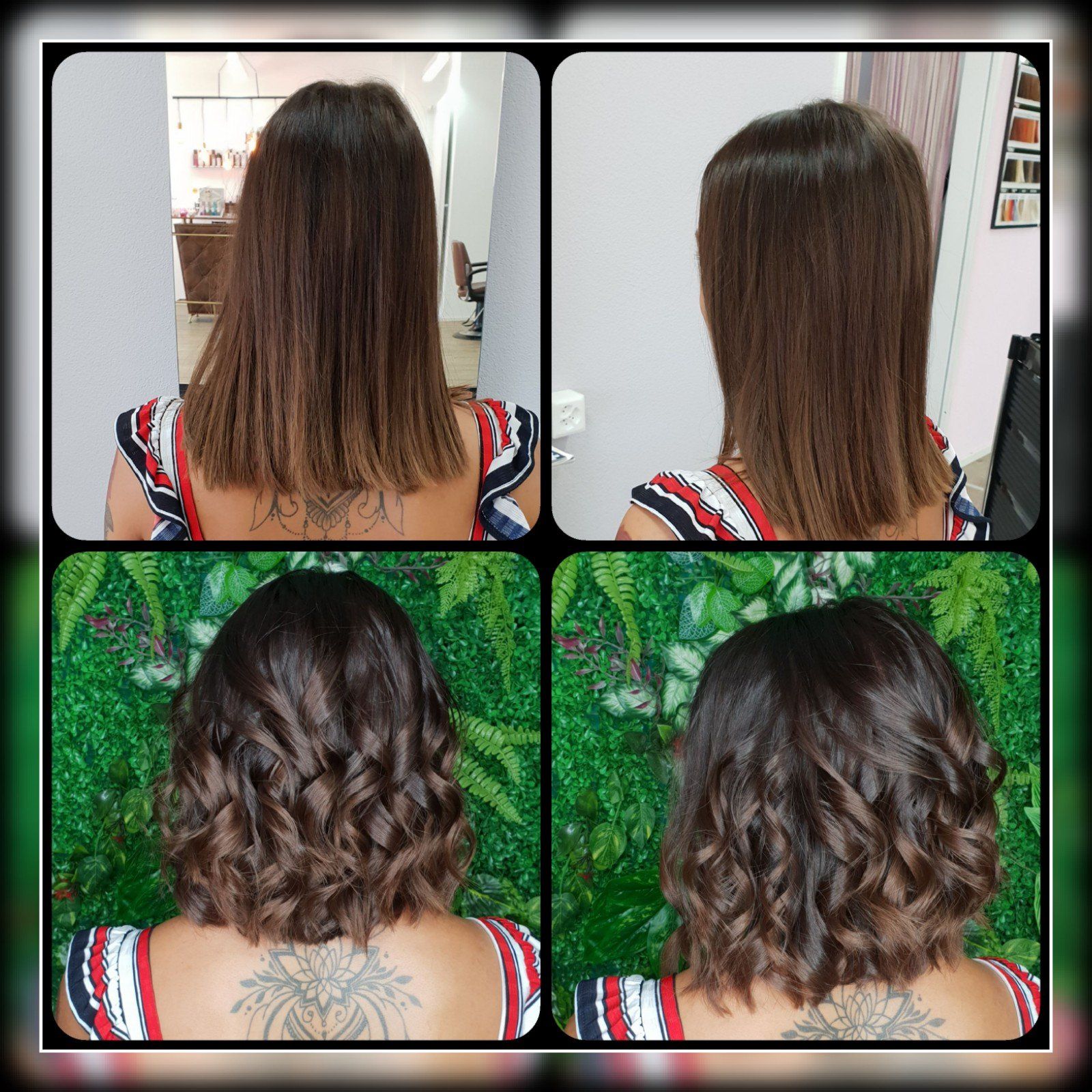 Eine Collage aus vier Bildern der Haare einer Frau vor und nach einem Haarschnitt.