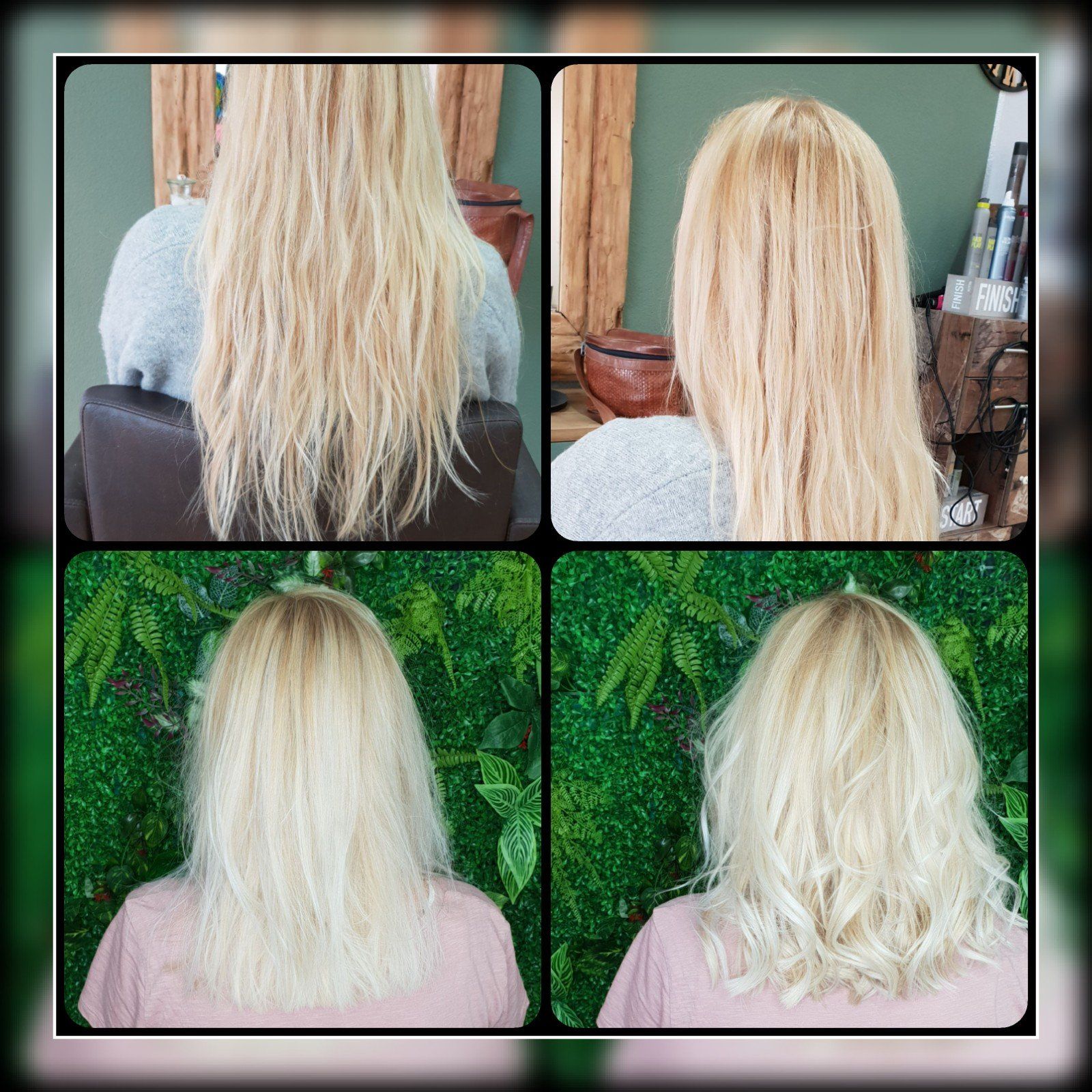 Ein Vorher-Nachher-Foto der blonden Haare einer Frau.