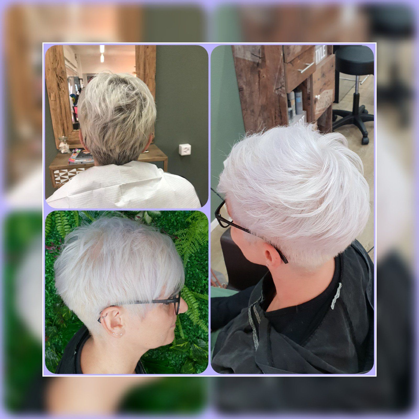 Eine Frau mit kurzen weißen Haaren und Brille lässt sich die Haare schneiden