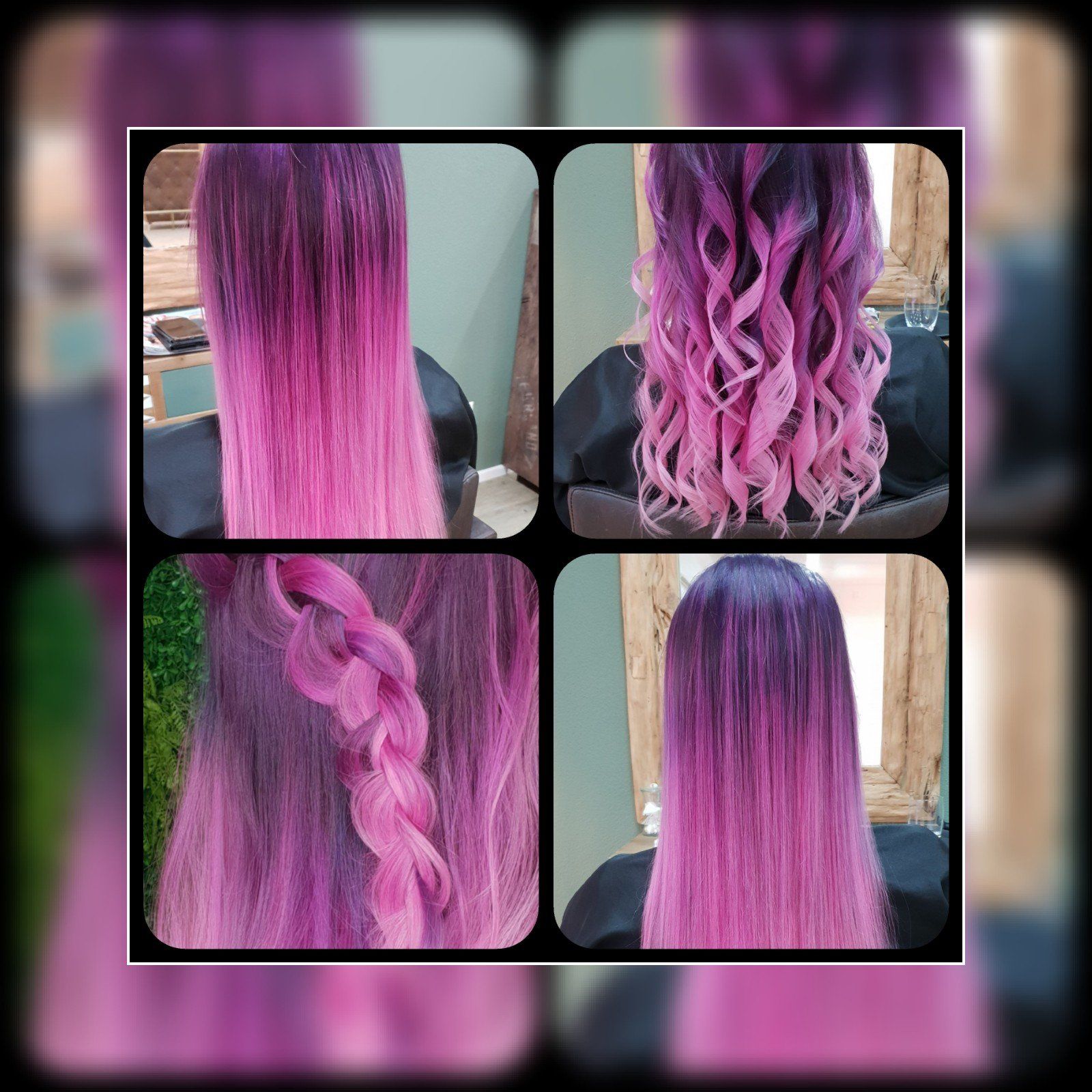 Eine Frau mit lila Haaren sitzt auf einem Stuhl.