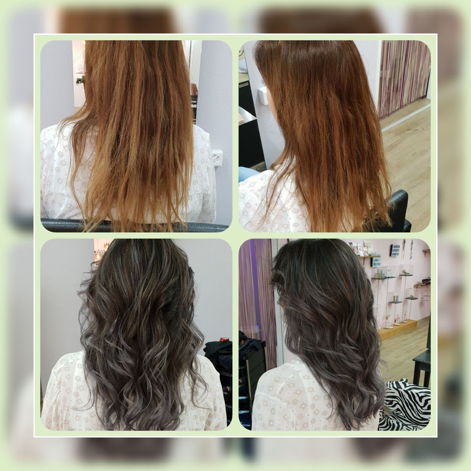 Ein Vorher-Nachher-Foto der Haare einer Frau