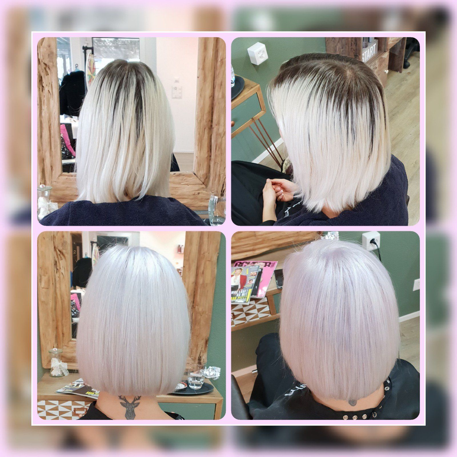 Eine Frau mit weißem Haar lässt sich in einem Salon die Haare schneiden.