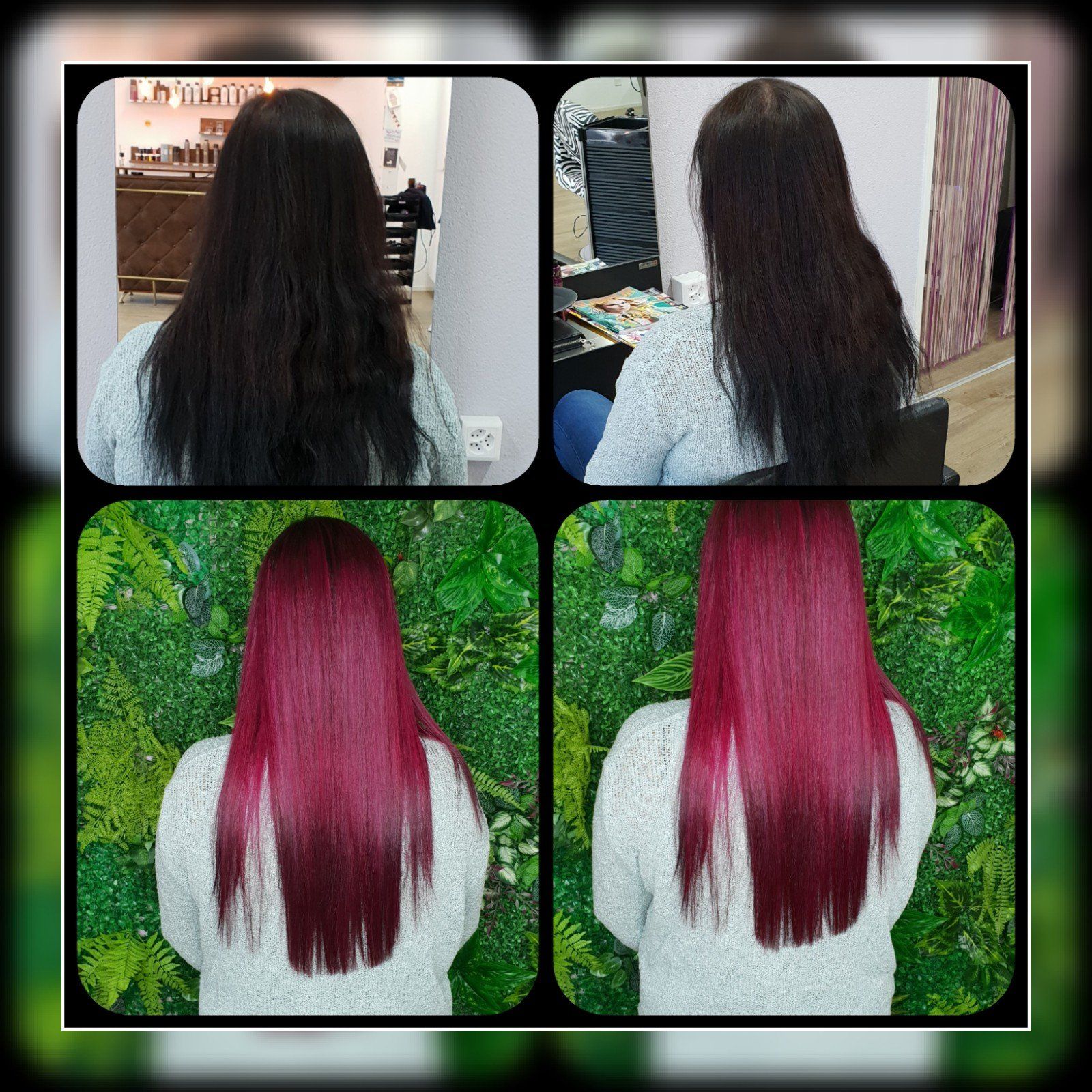 Eine Collage aus vier Bildern von den Haaren einer Frau vor und nach dem Rotfärben