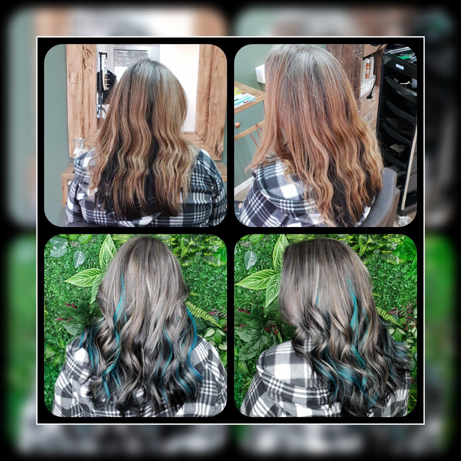 Eine Collage aus vier Bildern der Haare einer Frau vor und nach einem Haarschnitt.