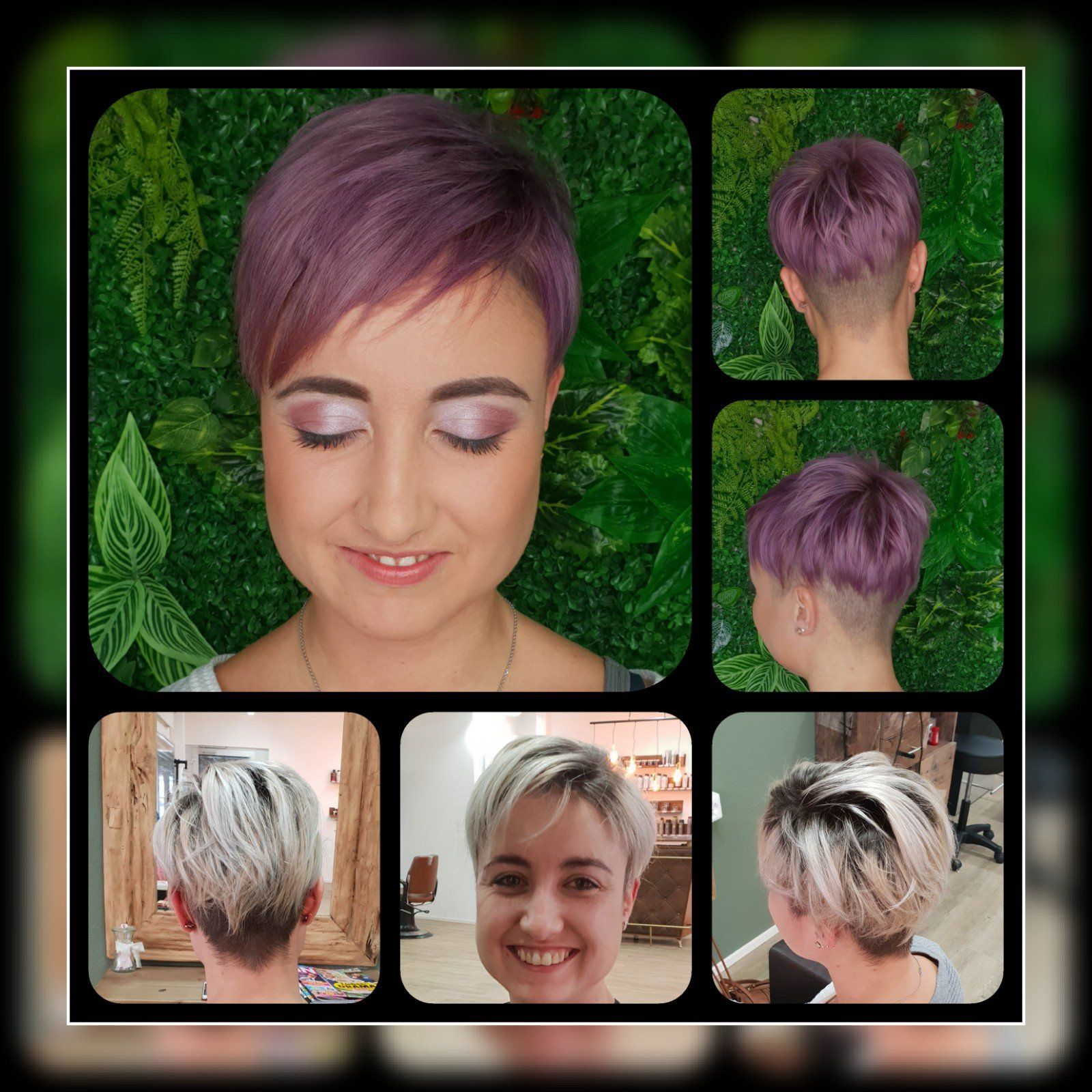 Eine Frau mit kurzen lila Haaren und rasiertem Kopf