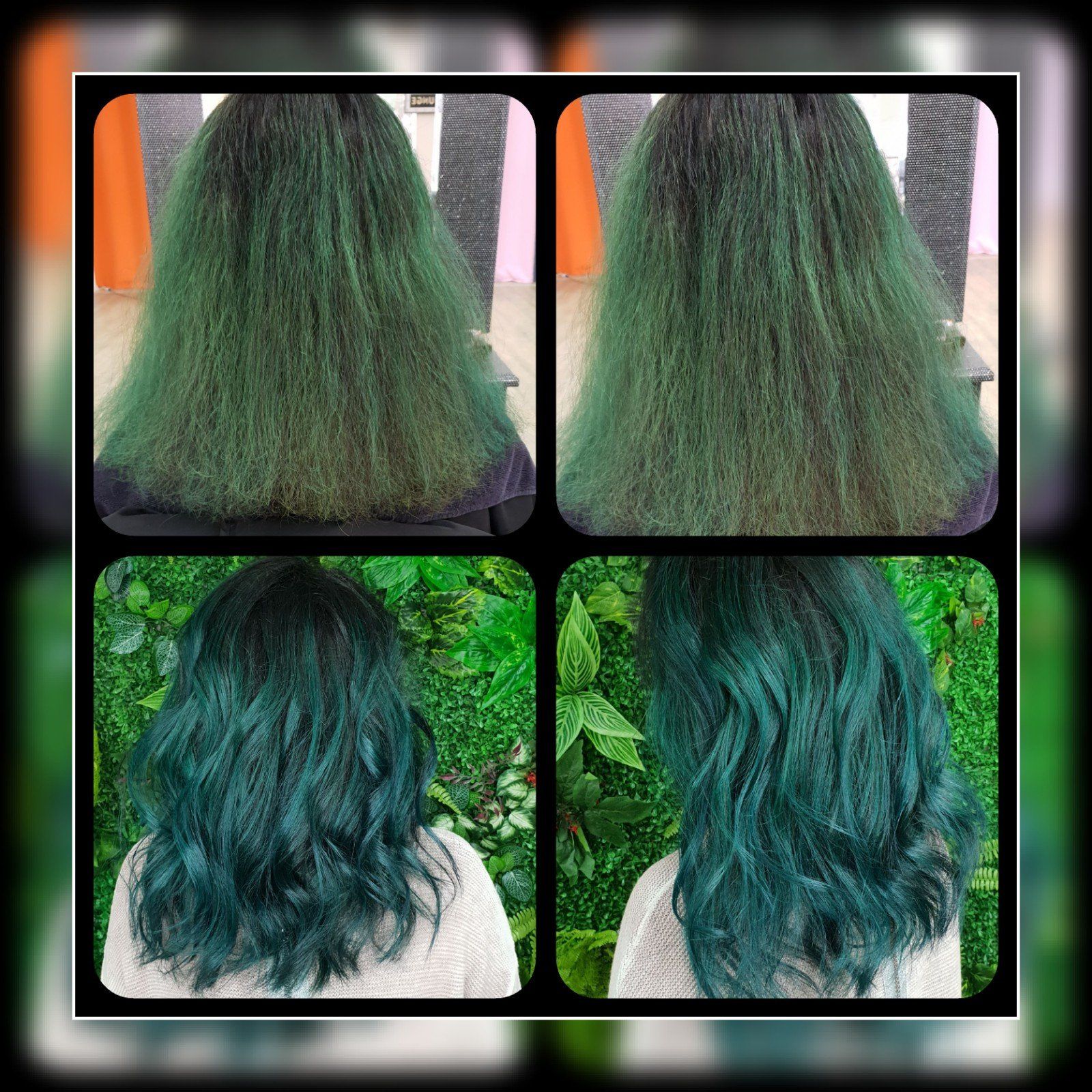 Eine Collage aus vier Bildern einer Frau mit grünen Haaren