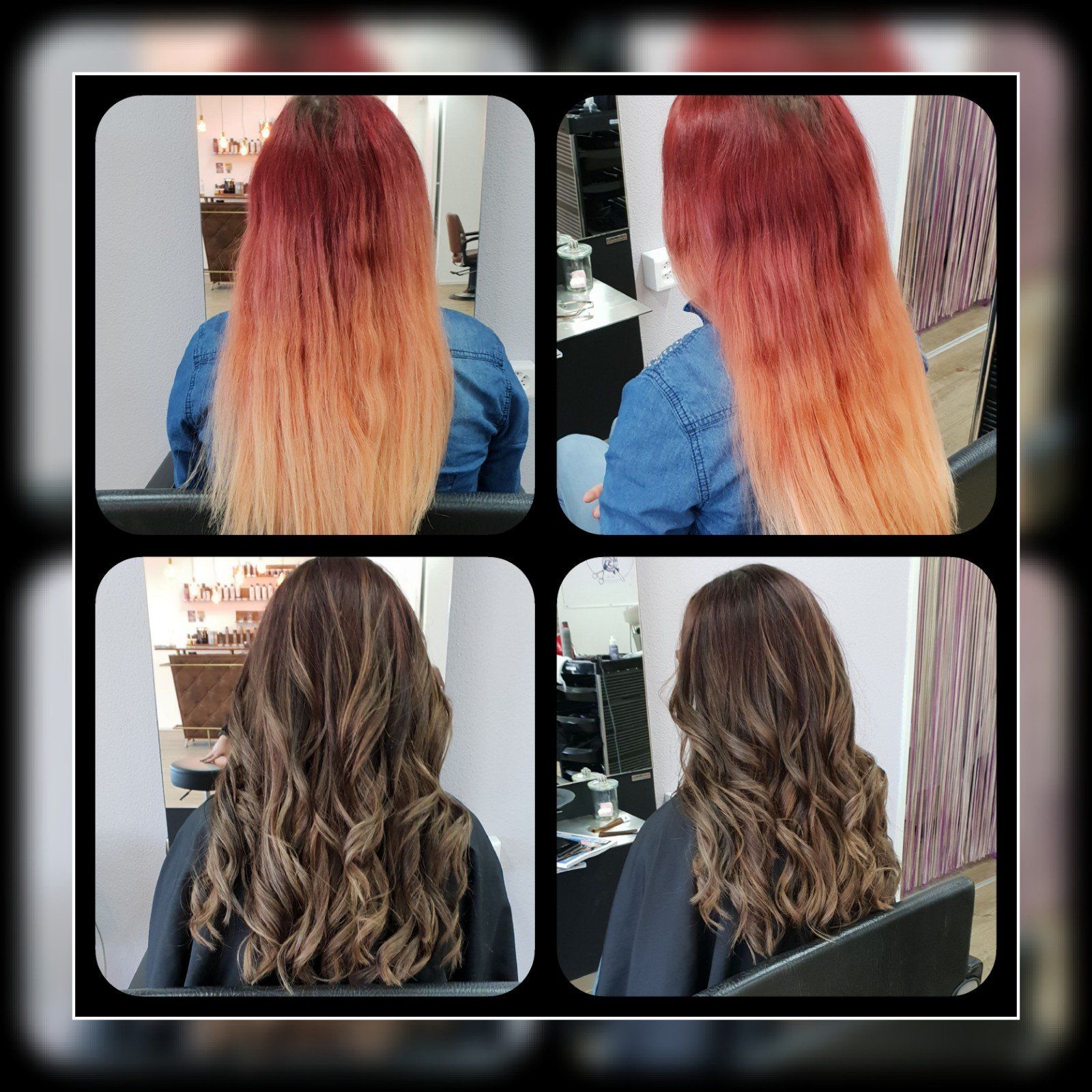 Eine Collage aus vier Bildern einer Frau beim Friseur
