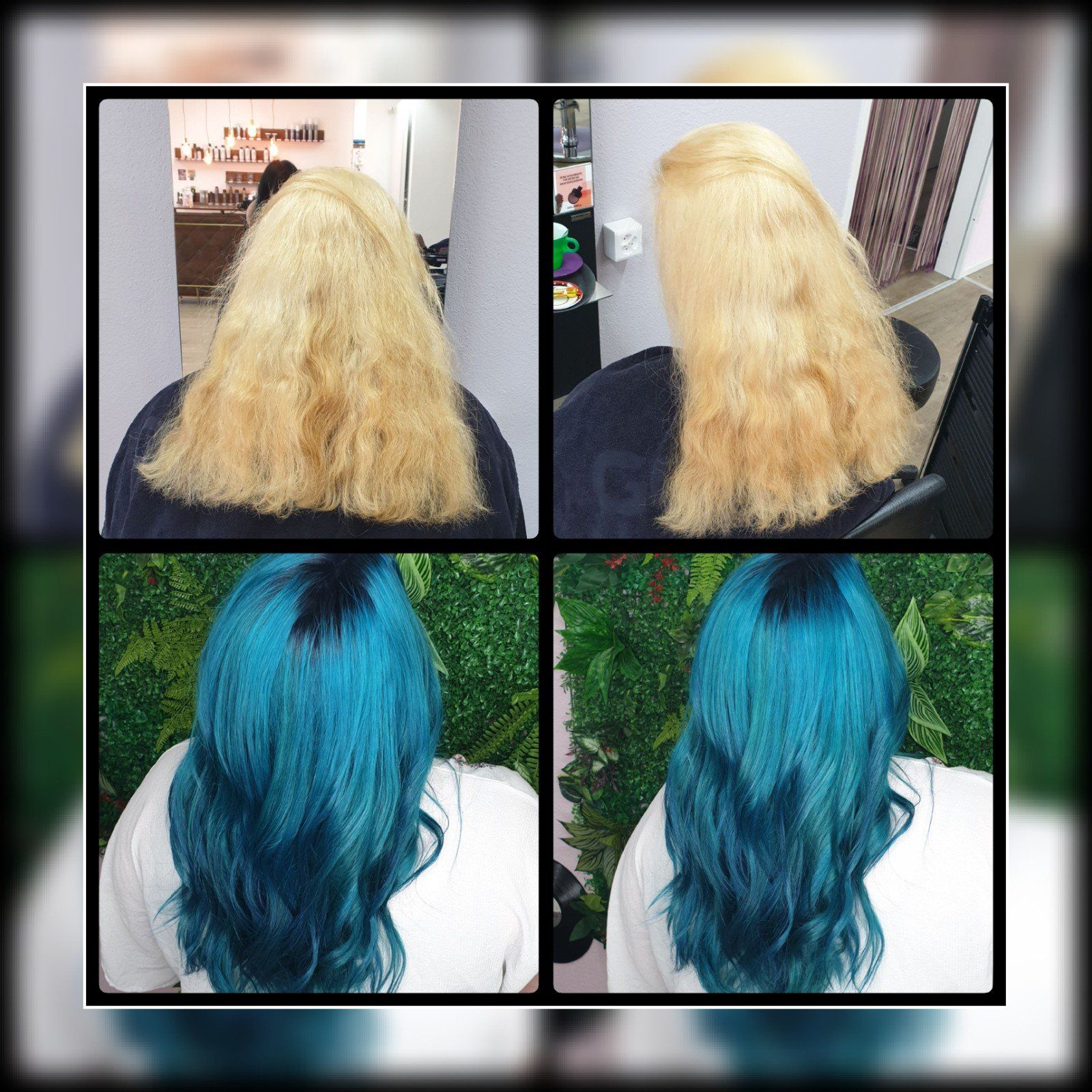 Ein Vorher-Nachher-Foto einer Frau mit blauen Haaren