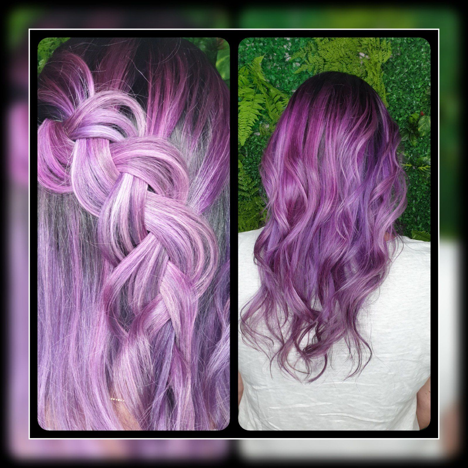 Eine Frau mit lila Haaren trägt ein weißes Hemd.