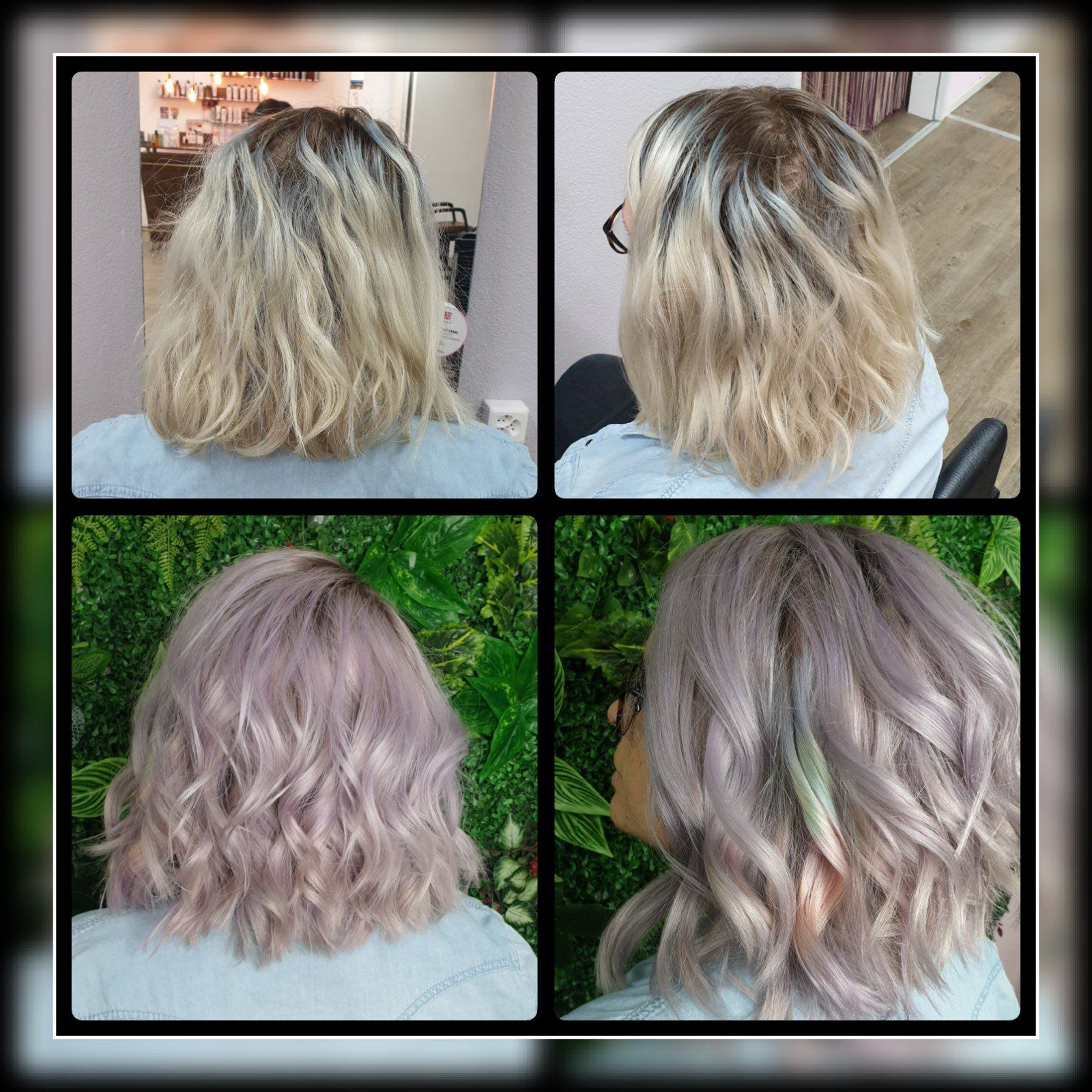 Eine Collage aus vier Bildern der Haare einer Frau vor und nach dem Färben.