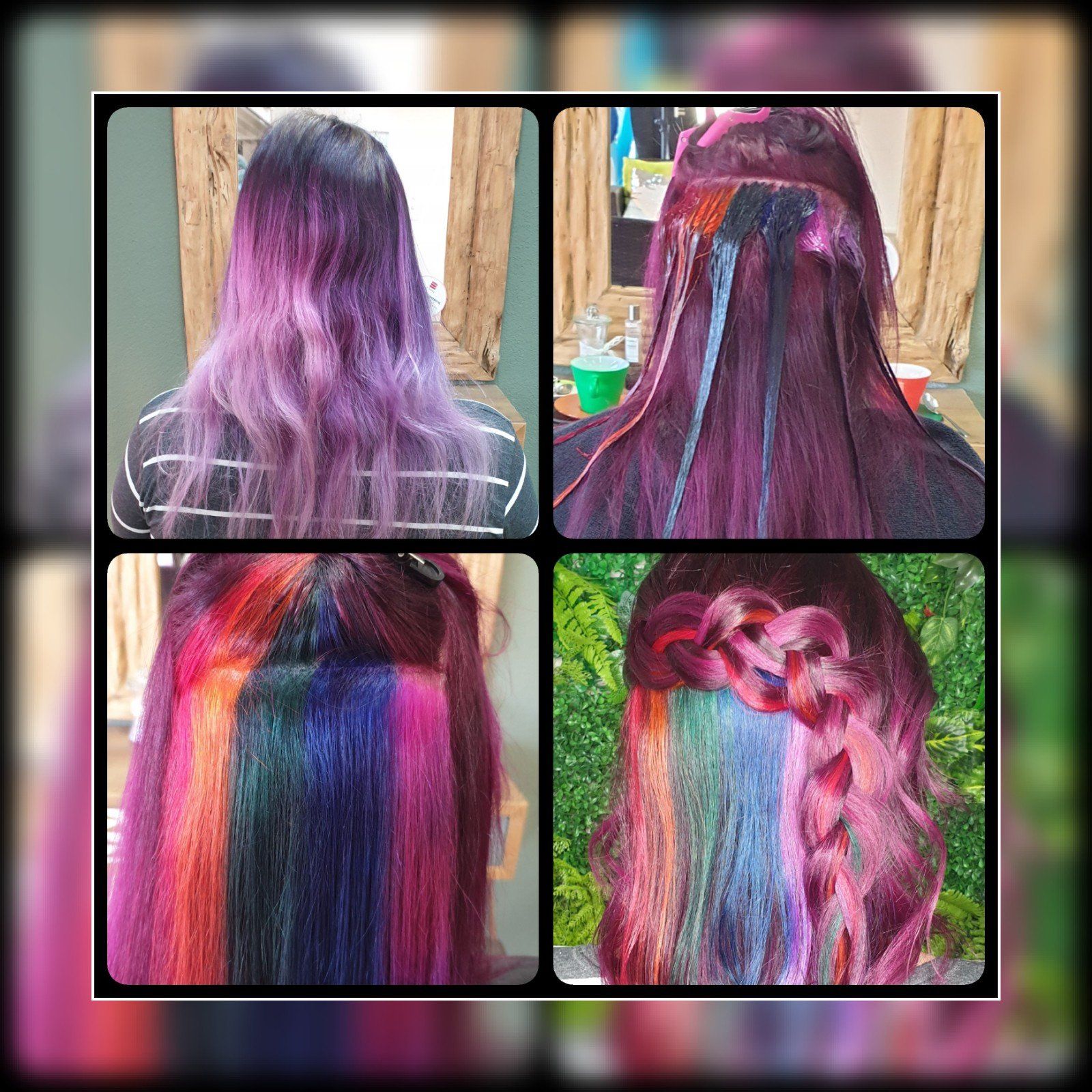 Eine Collage aus vier Bildern von Frauenhaaren in unterschiedlichen Farben.