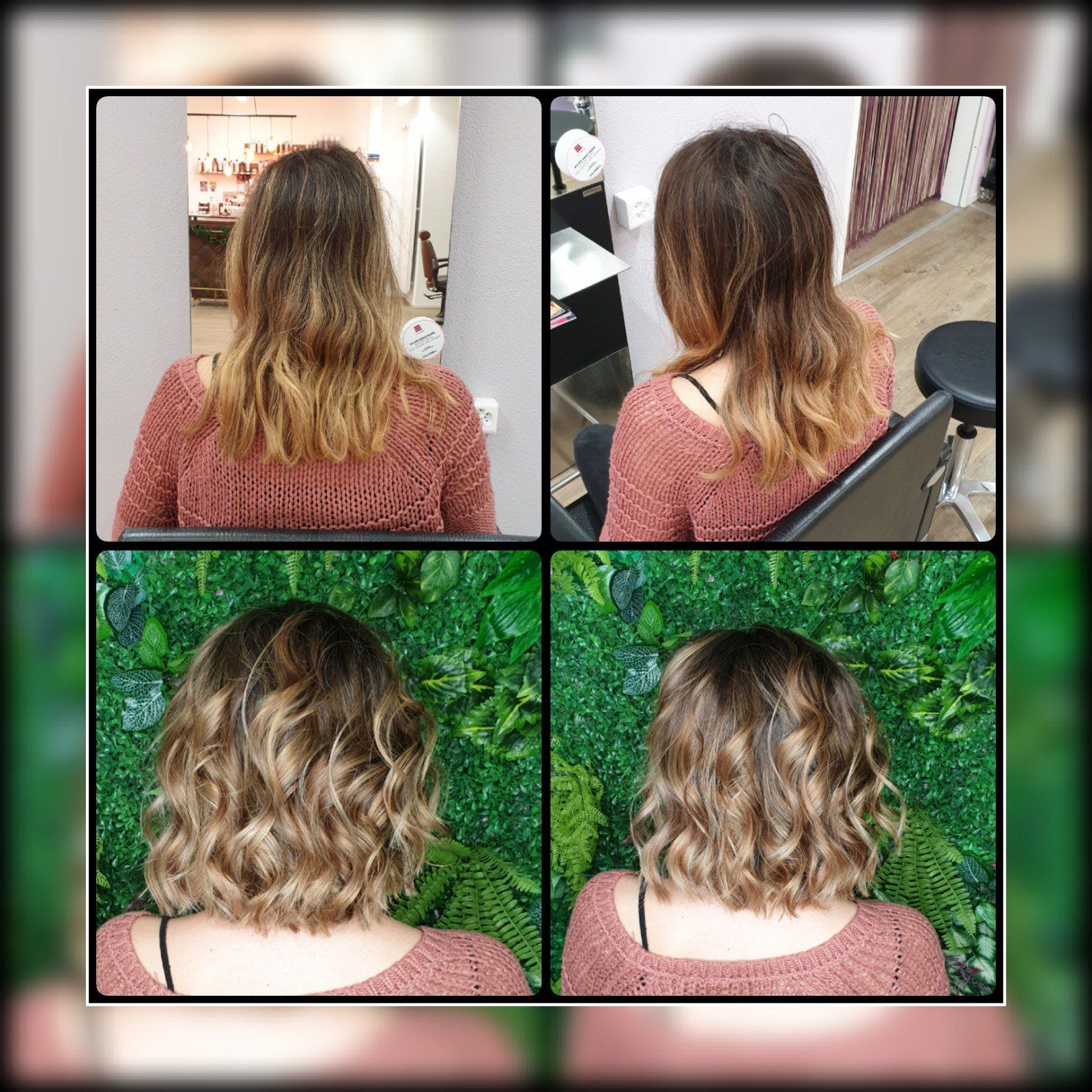 Eine Collage aus vier Bildern von den Haaren einer Frau vor und nach einem Haarschnitt