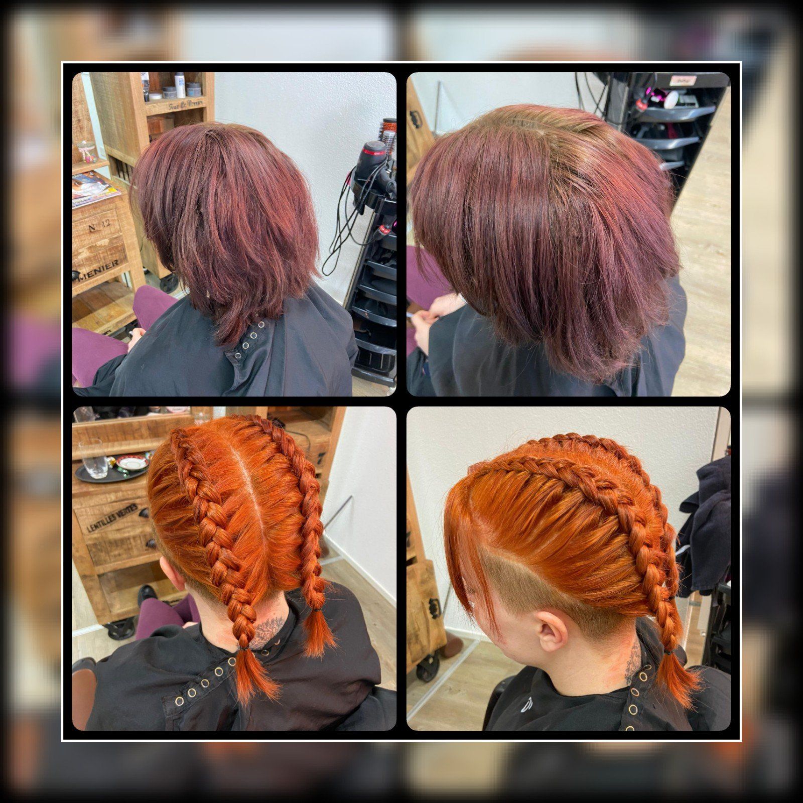 Eine Frau mit roten Haaren lässt sich in einem Salon die Haare flechten.