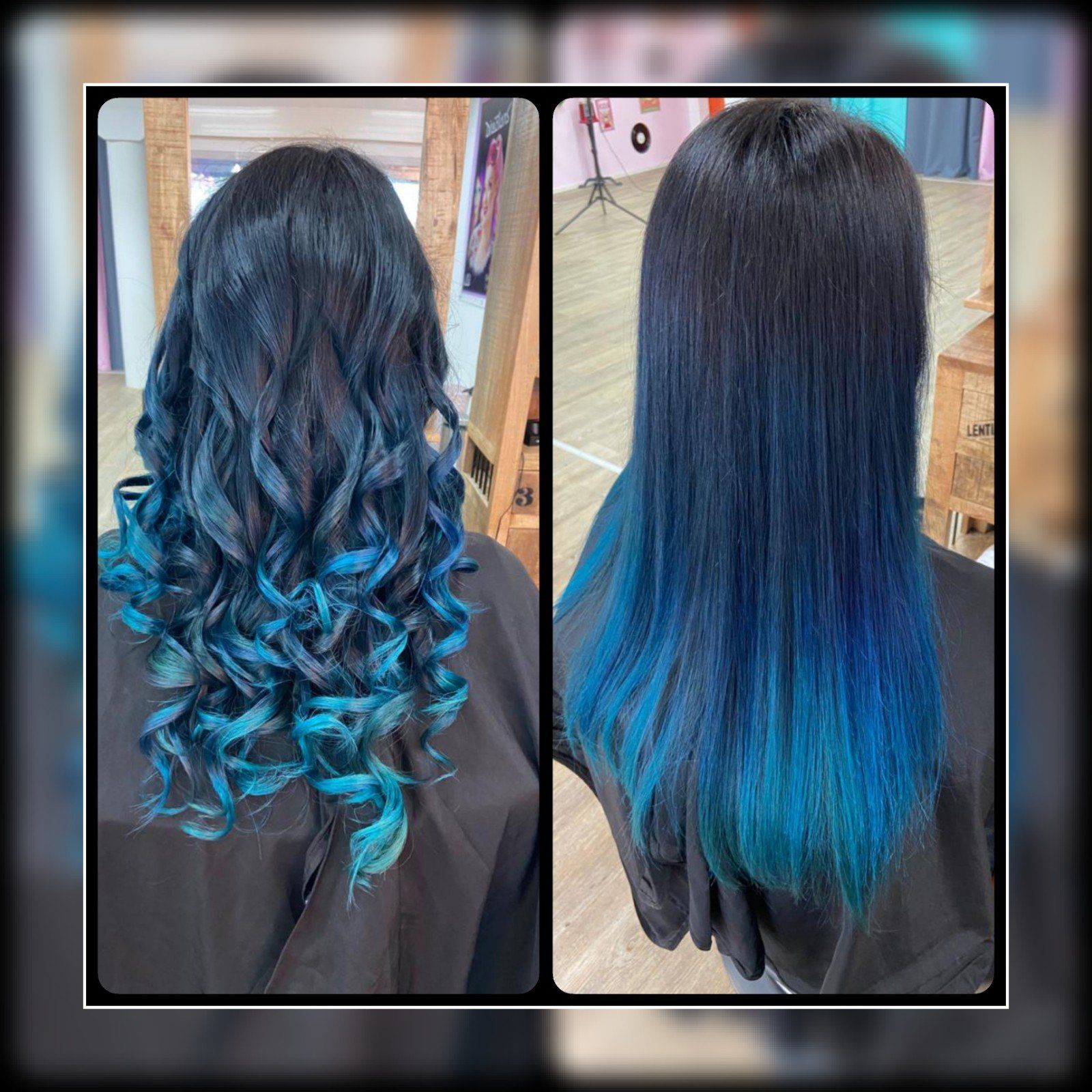 Eine Frau mit blauen Haaren sitzt in einem Salon auf einem Stuhl.