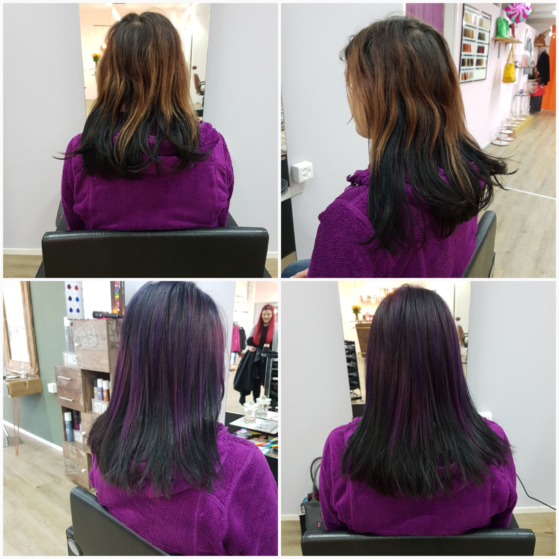 Eine Frau mit lila Haaren sitzt auf einem Stuhl