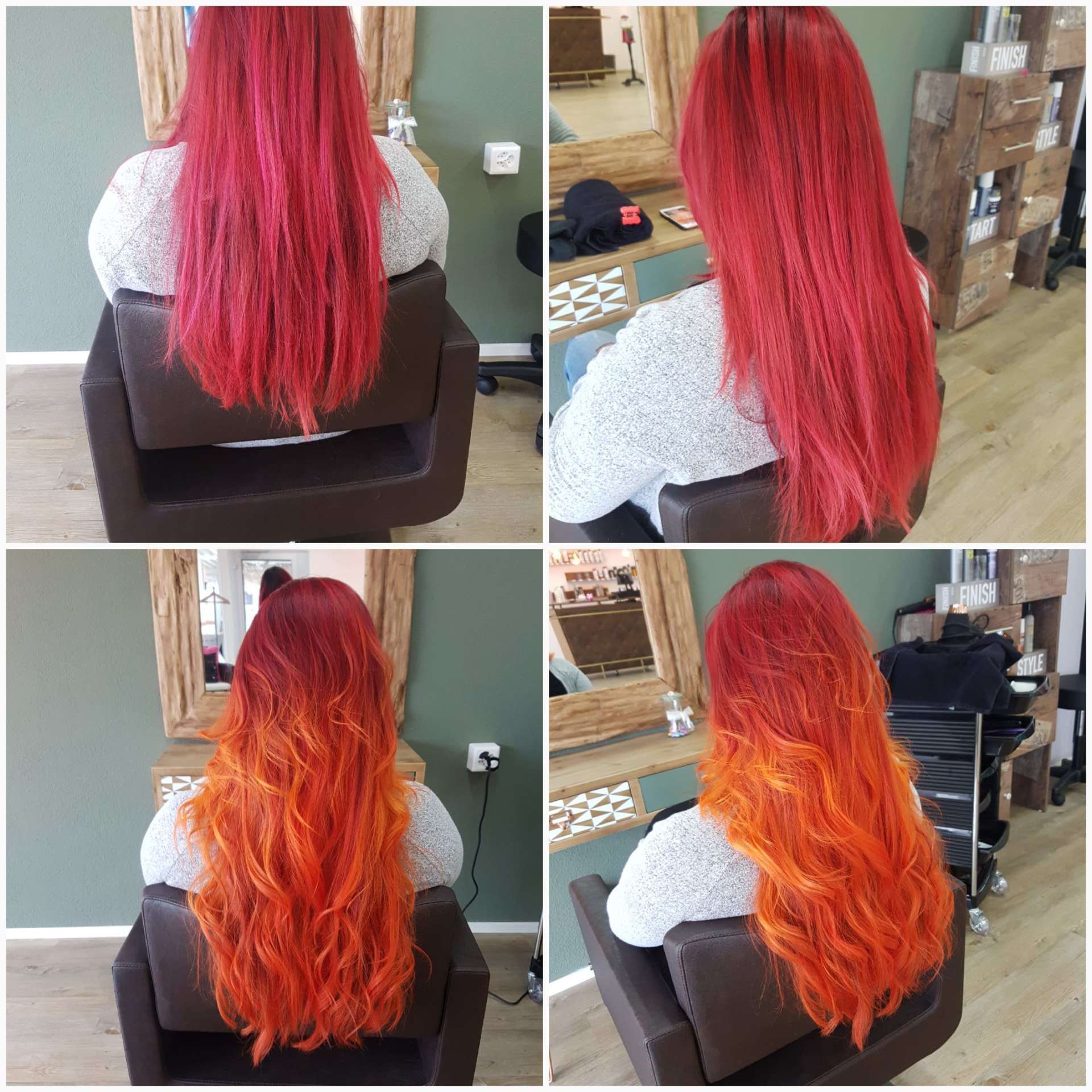 Eine Frau mit langen roten Haaren sitzt auf einem Stuhl