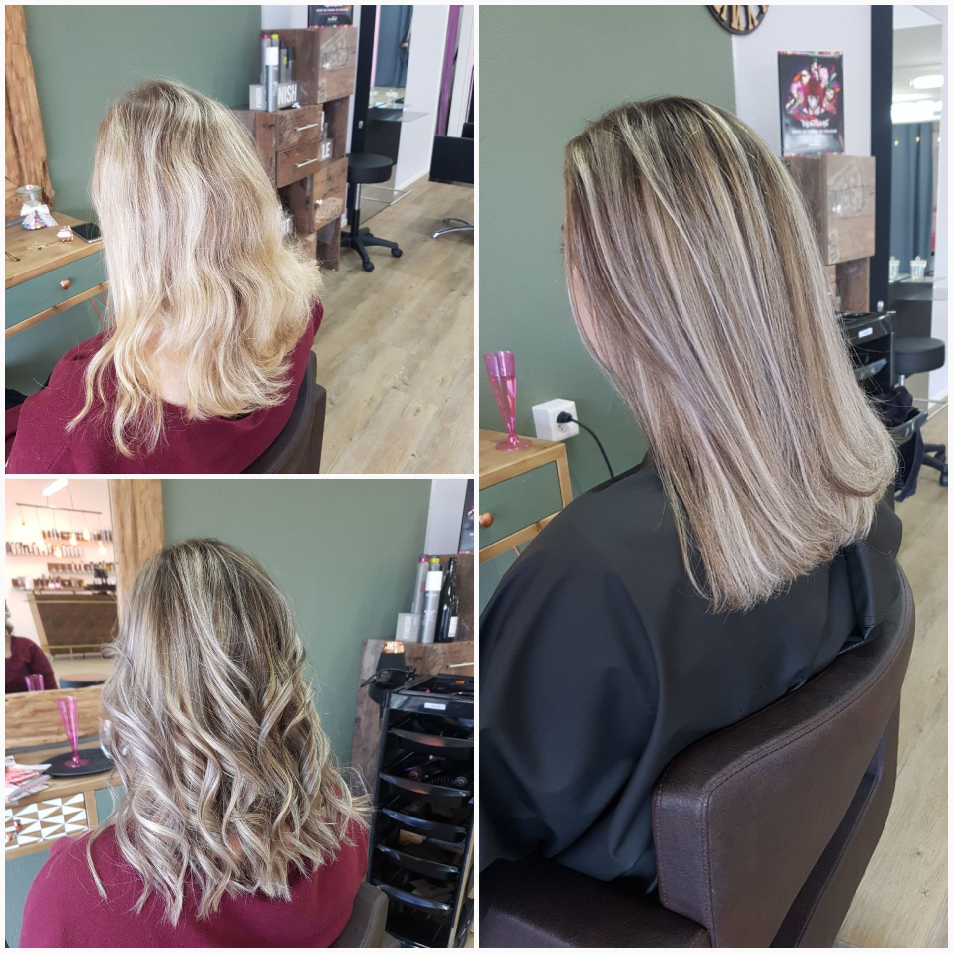 Eine Frau mit blonden Haaren sitzt in einem Salon auf einem Stuhl.