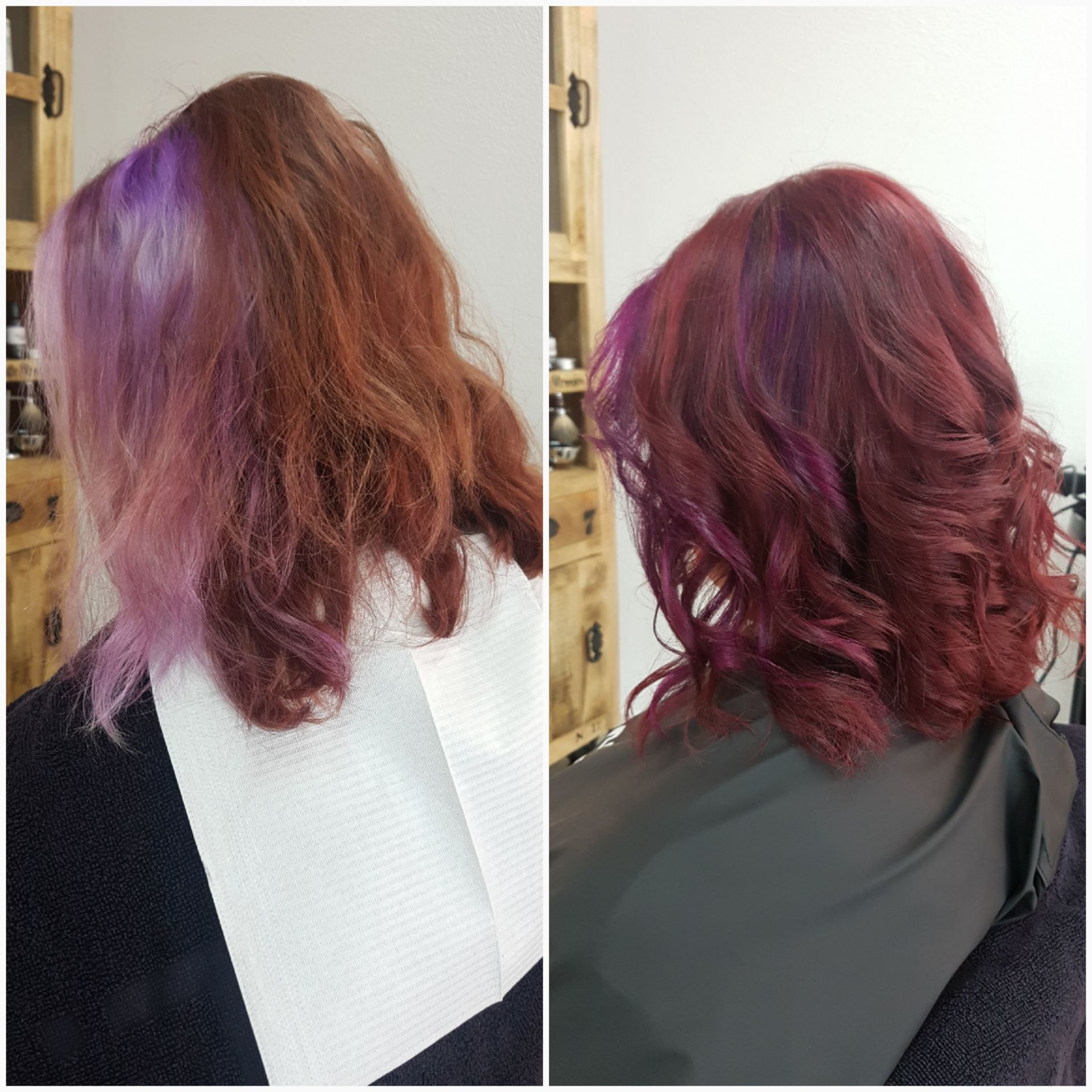 Zwei Bilder der Haare einer Frau vor und nach dem Färben.