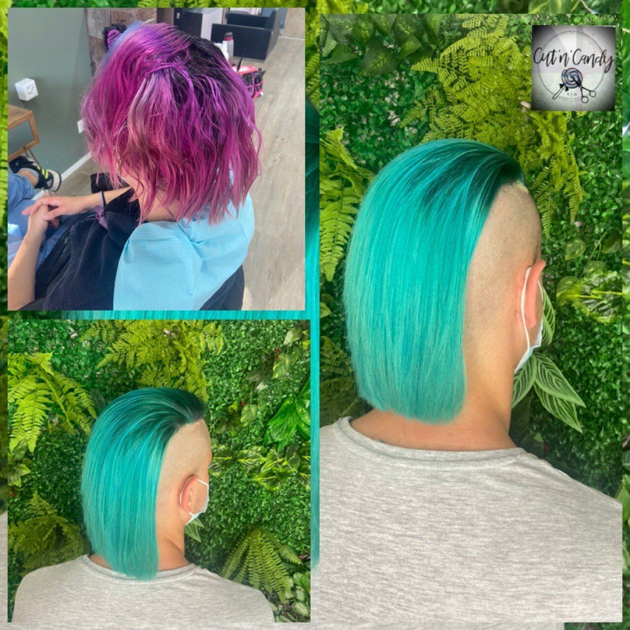 Eine Frau mit rosa Haaren und ein Mann mit grünen Haaren.