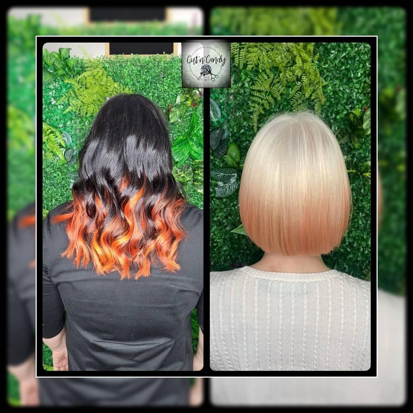 Eine Frau mit schwarz-orangefarbenem Haar und eine Frau mit blondem Haar.