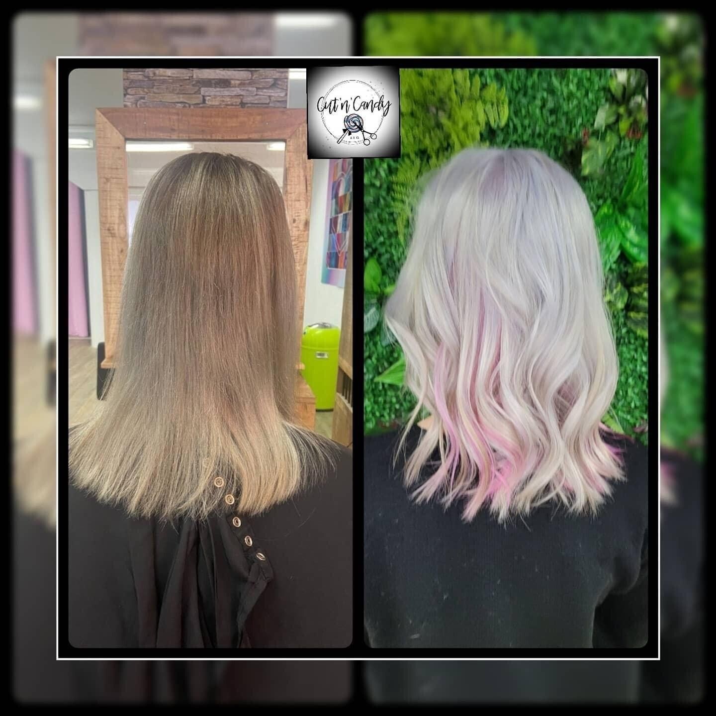 Ein Vorher-Nachher-Foto der Haare einer Frau.