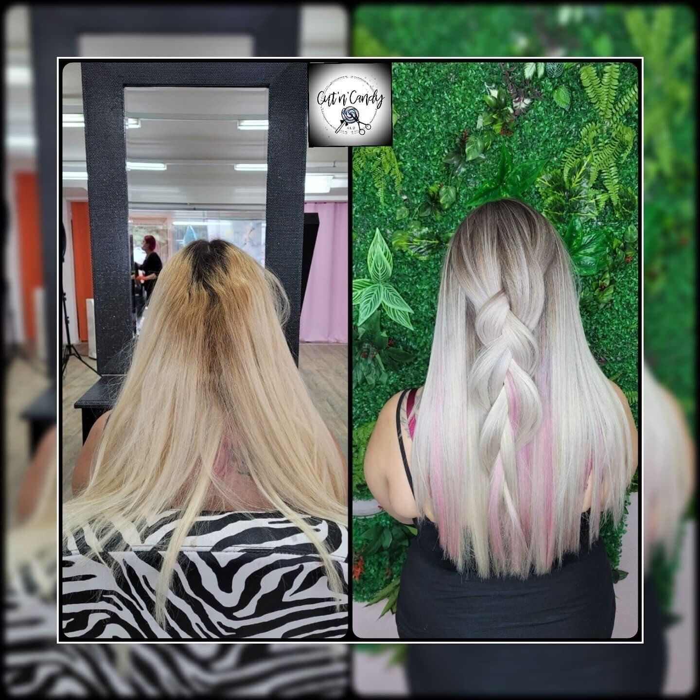 Ein Vorher-Nachher-Foto der Haare einer Frau in einem Salon.