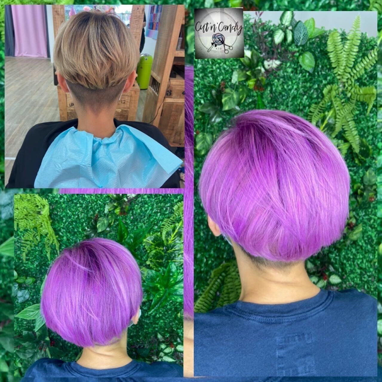 Eine Frau mit lila Haaren hat einen rasierten Kopf