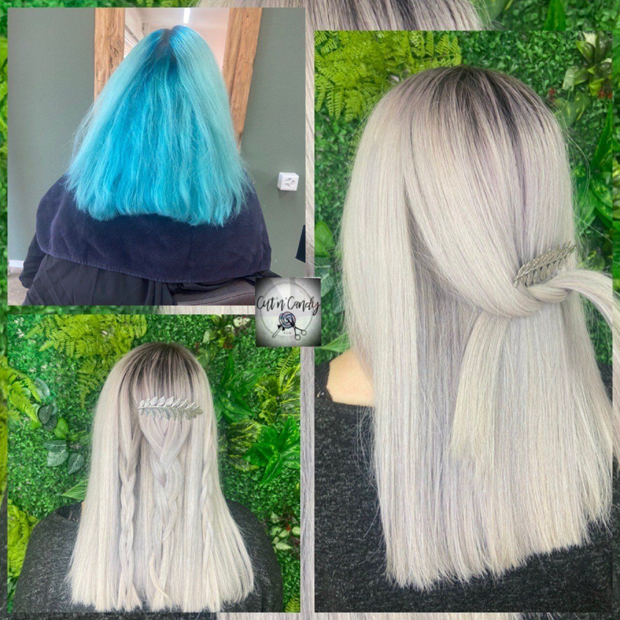 Eine Frau mit blauen Haaren lässt sich in einem Salon die Haare färben.