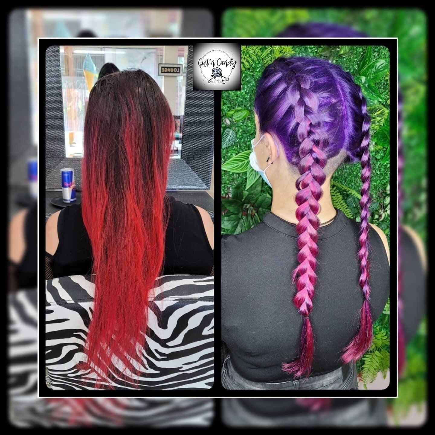 Eine Frau mit roten Haaren und eine Frau mit lila Haaren