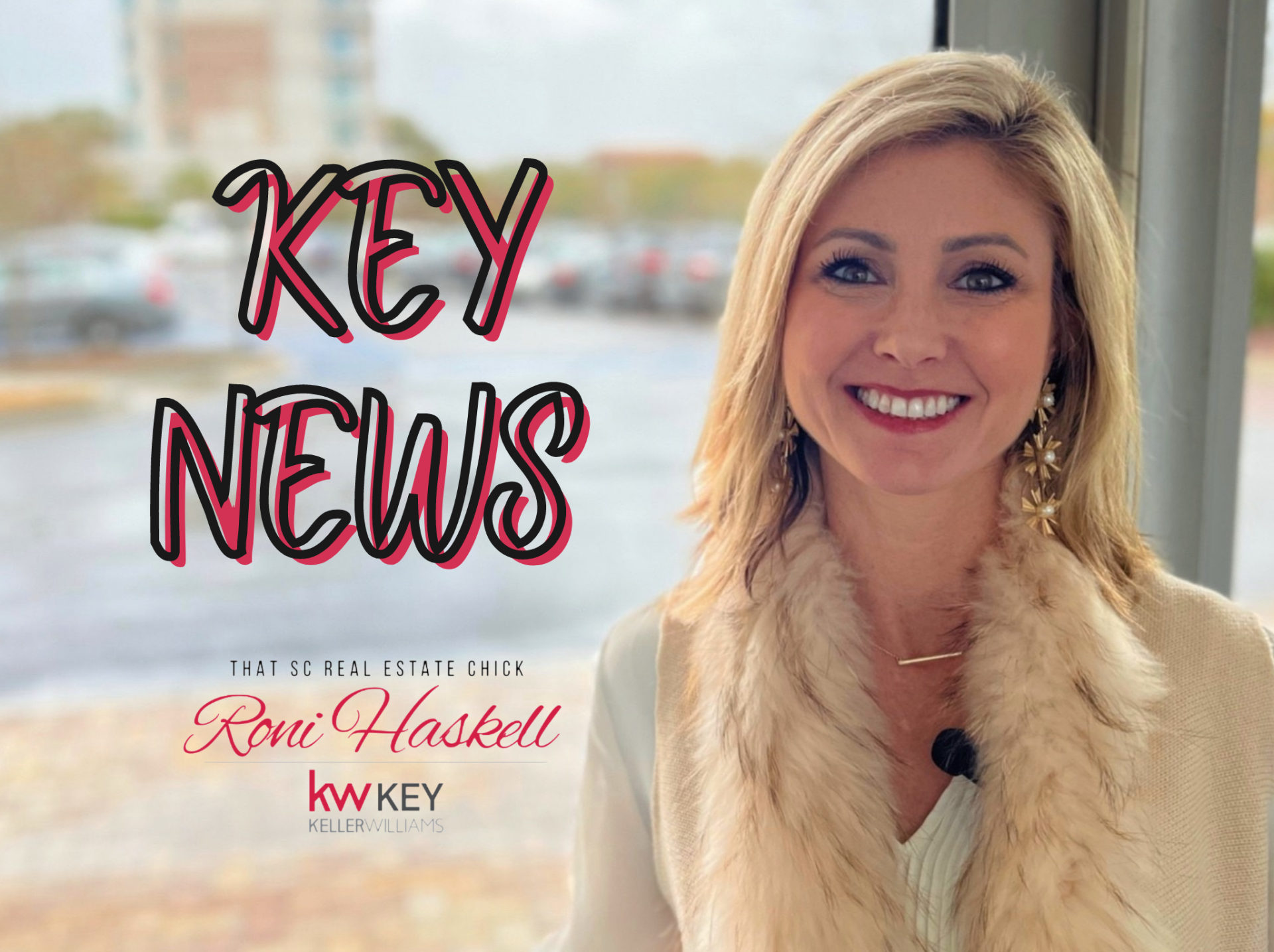 A woman is smiling in front of a window with the words key news written on it.