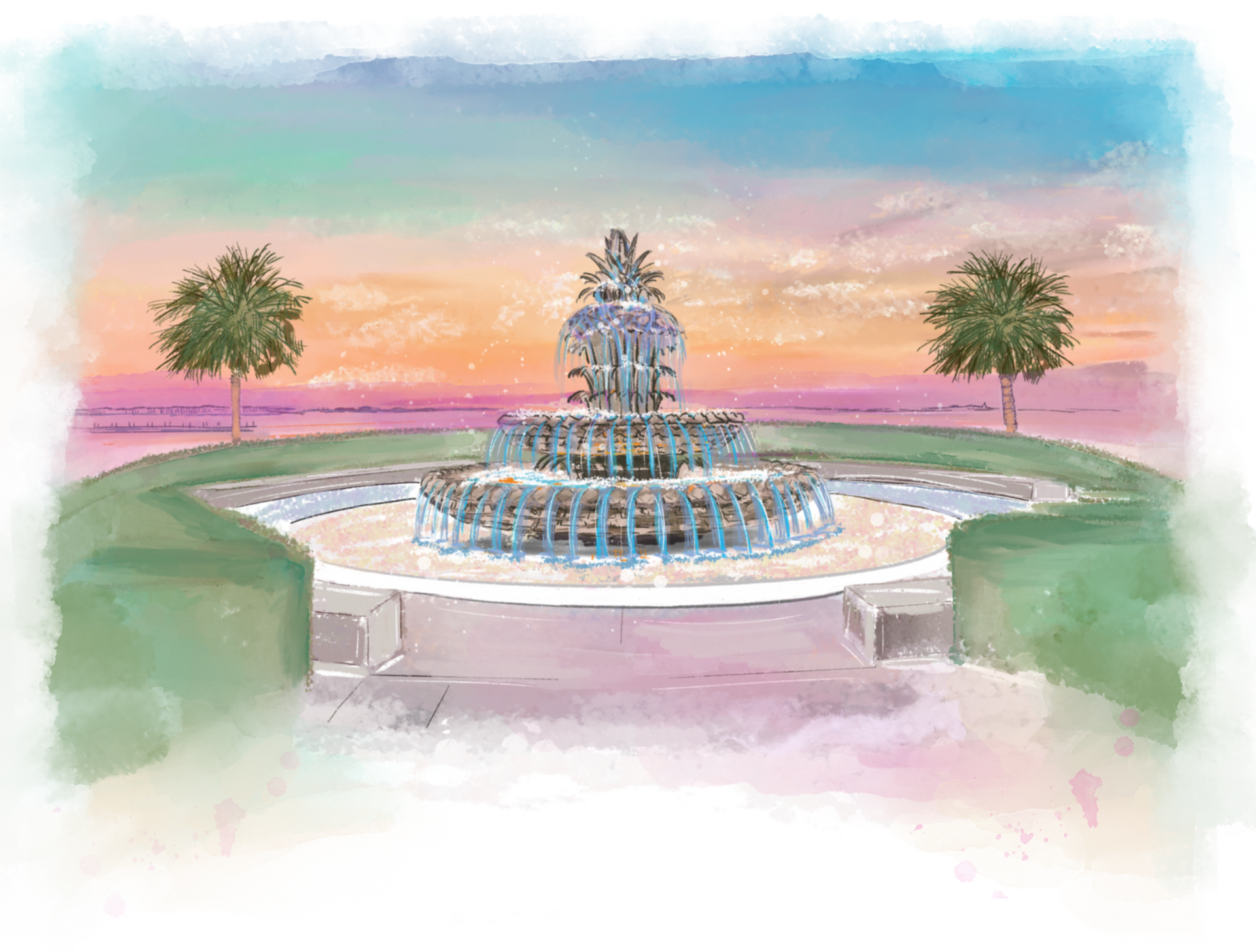 Fountain with palm trees against a pastel sunset sky.
