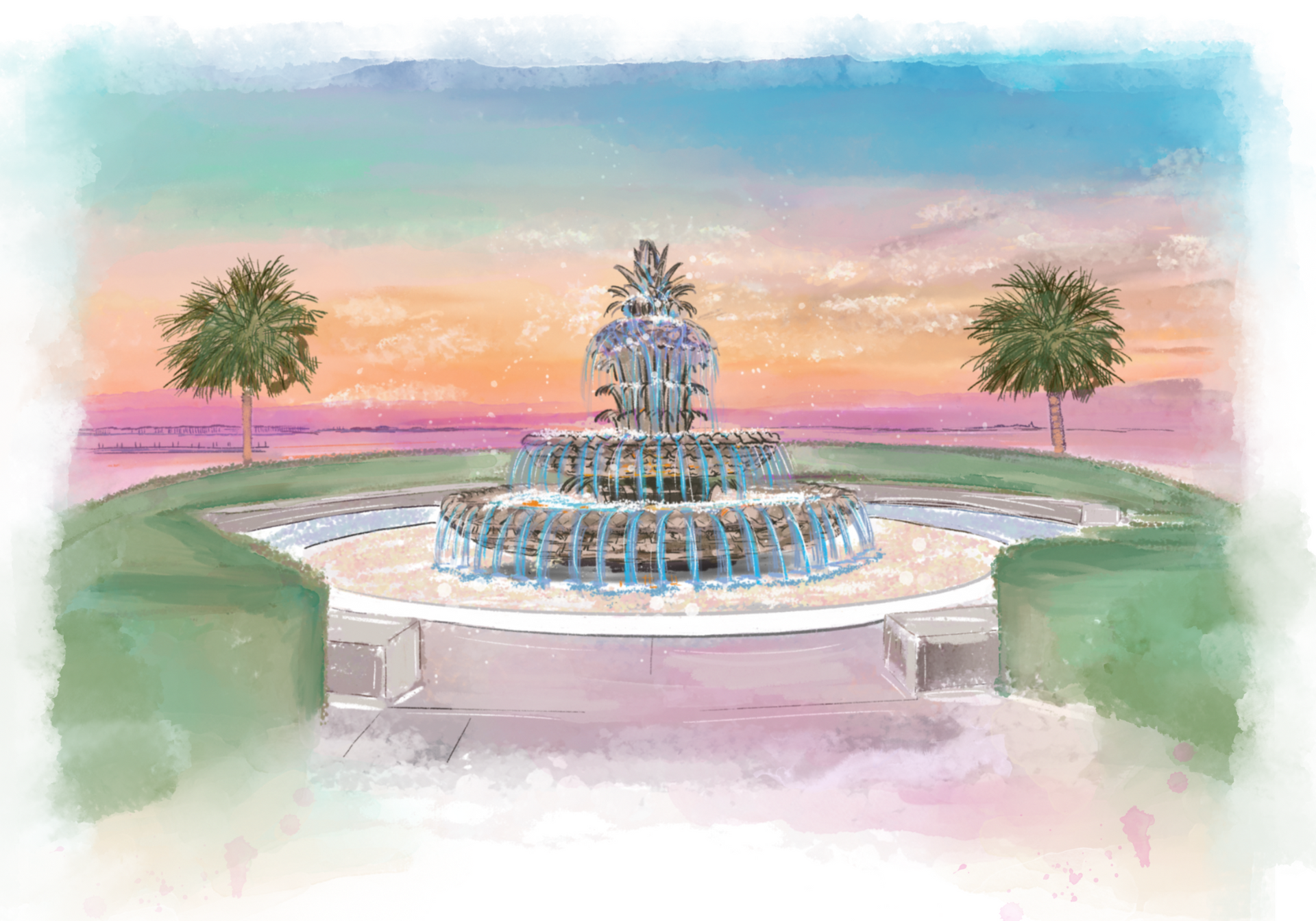 Pastel drawing of a fountain in a landscaped park at sunset with palm trees and a pink-blue sky