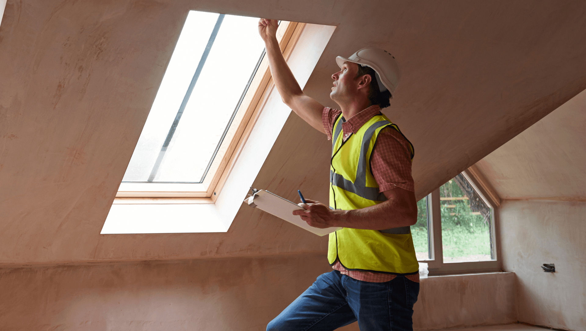 A man is looking up at a skylight while holding a clipboard.